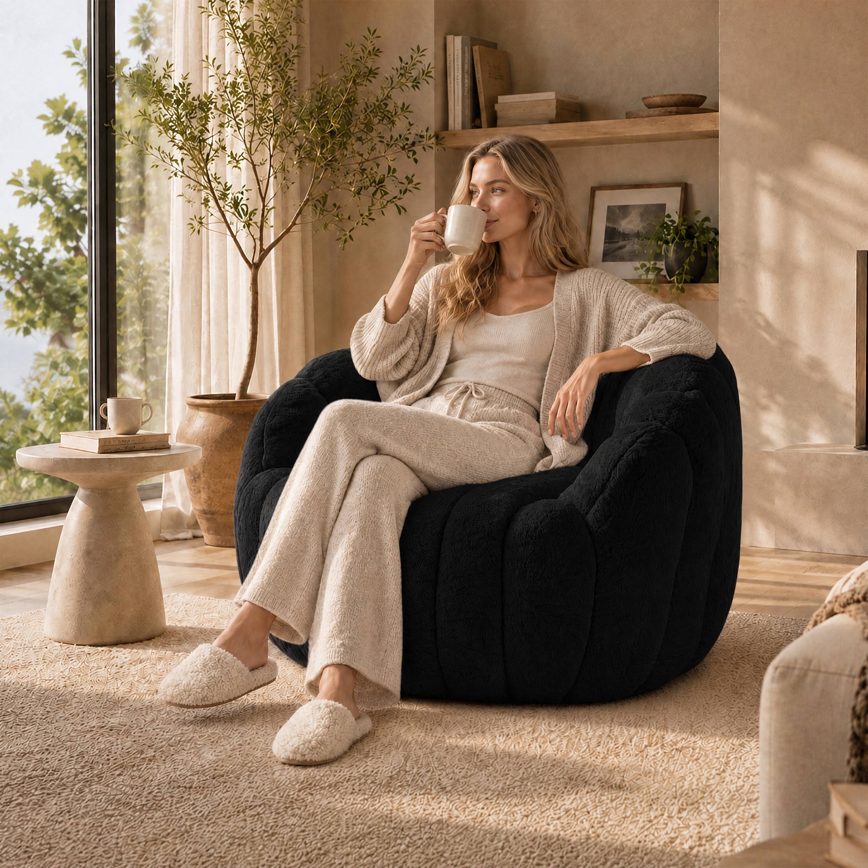 Alt View 1. Vipbear - Shell-Shaped Bean Bag Chair for Adults and Teens, Faux Fur Sofa Chair, Comfy Accent Chair  with Foam Filling - Black.