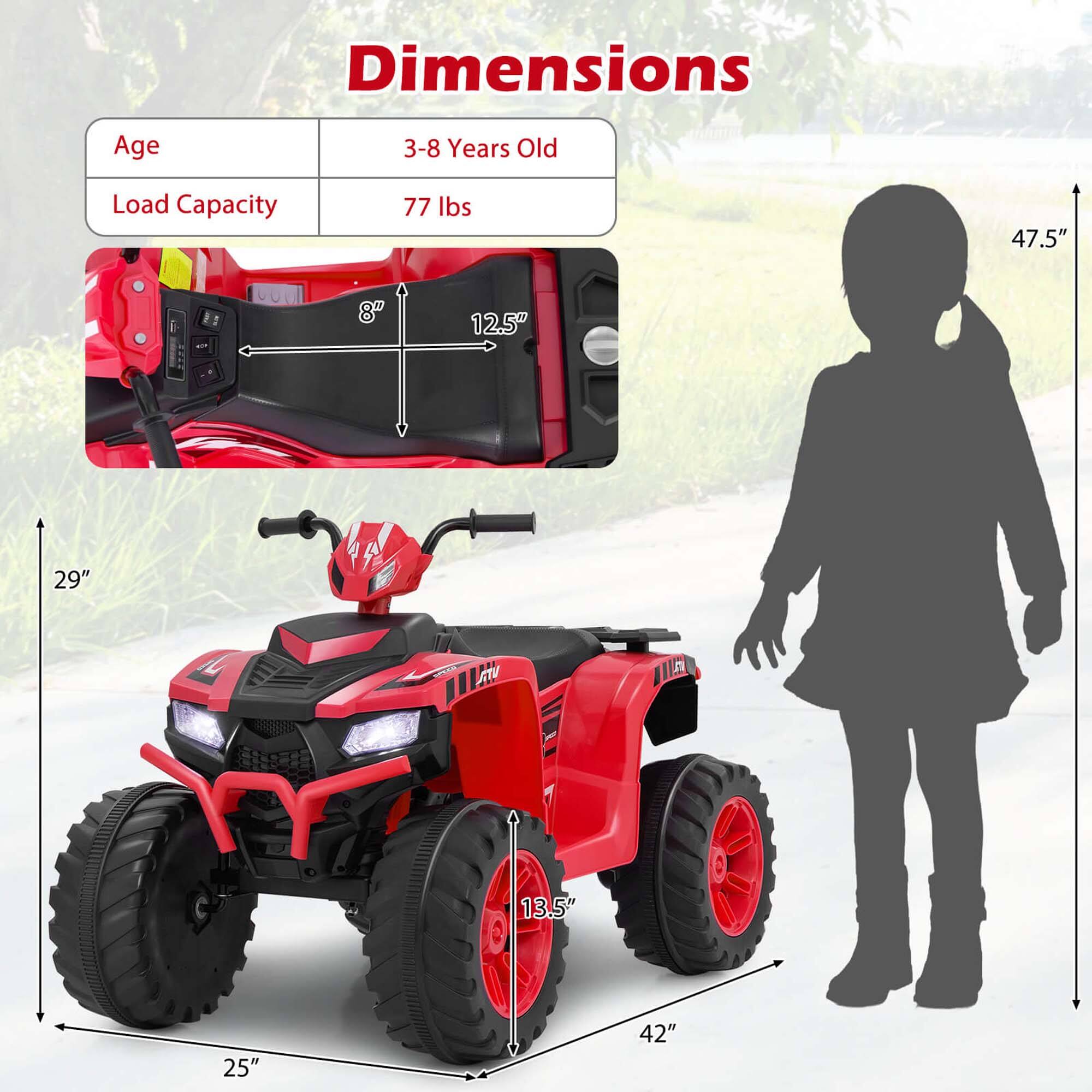 Dimensions  
Age: 3-8 Years Old  
Load Capacity: 77 lbs  

47.5"  
29"  
25"  
42"  
13.5"  
12.5"  
8"