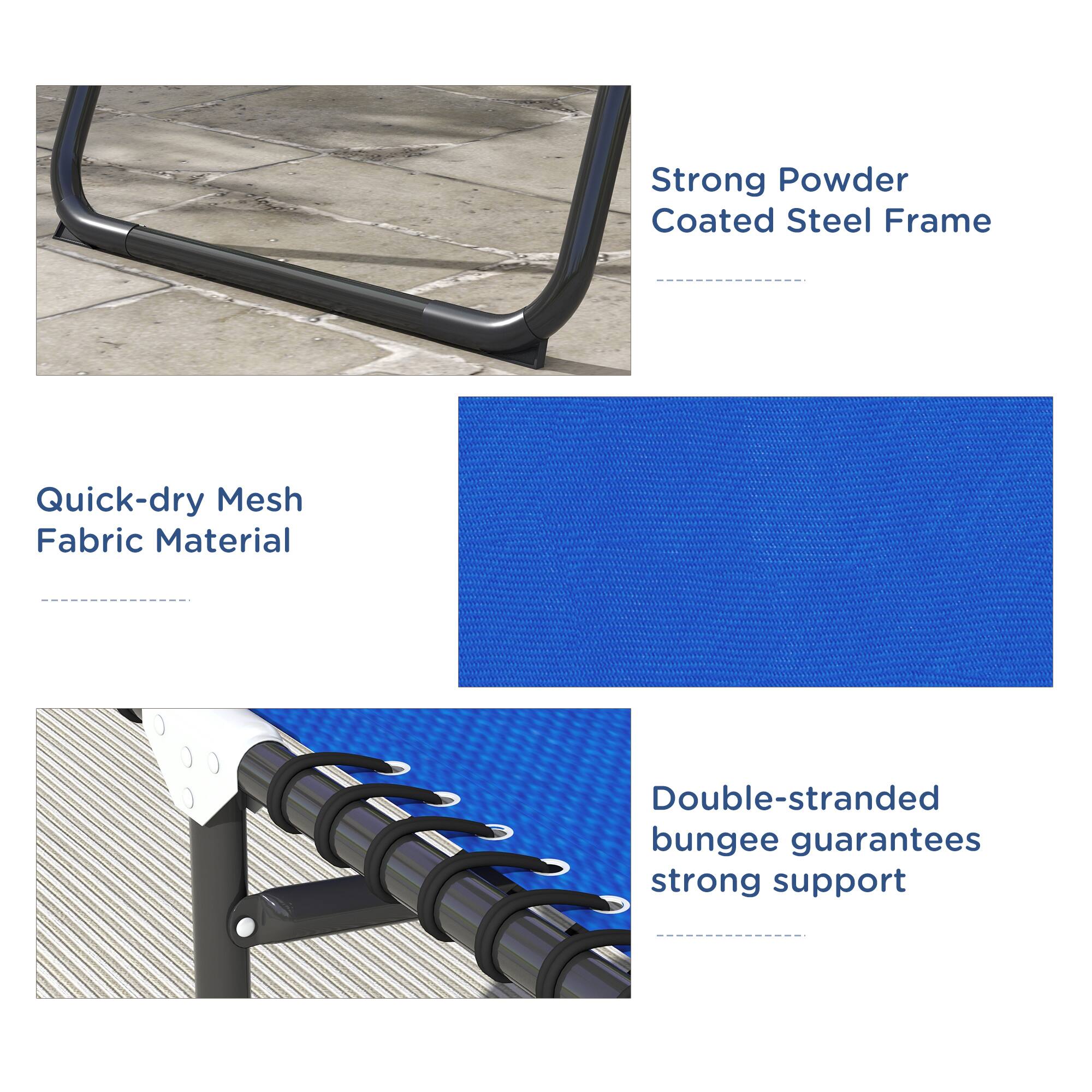 - Strong Powder Coated Steel Frame
- Quick-dry Mesh Fabric Material
- Double-stranded bungee guarantees strong support