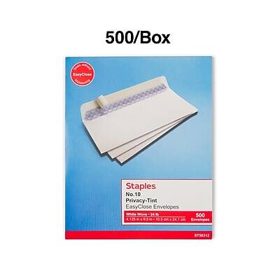 500/Box  
Staples  
No. 10  
Privacy-Tint  
EasyClose Envelopes  
White Wove  
24 di 500  
4 1/2 in x 9 5/8 in  
10 cm x 24 cm  
ST50312
