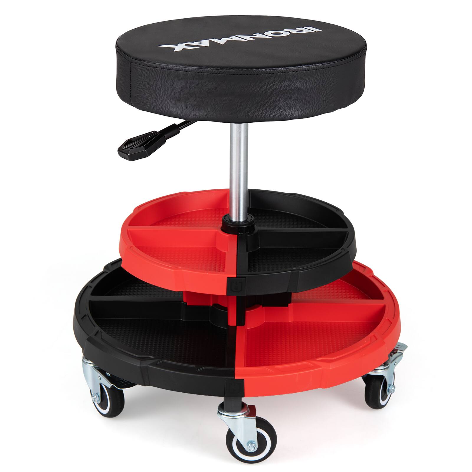 Alt View 9. Costway - Ironmax Rolling Mechanic Stool with Cushioned Seat, Dual Tool Trays, 5 Universal Wheels - Black and Red.