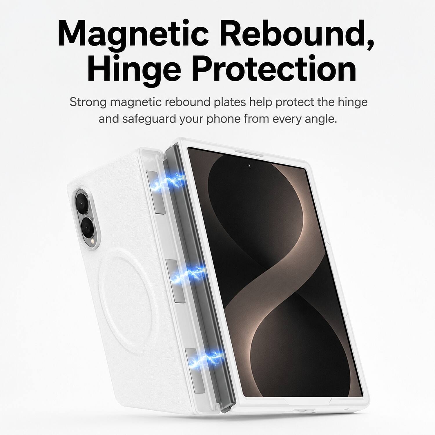 Magnetic Rebound, Hinge Protection

Strong magnetic rebound plates help protect the hinge and safeguard your phone from every angle.