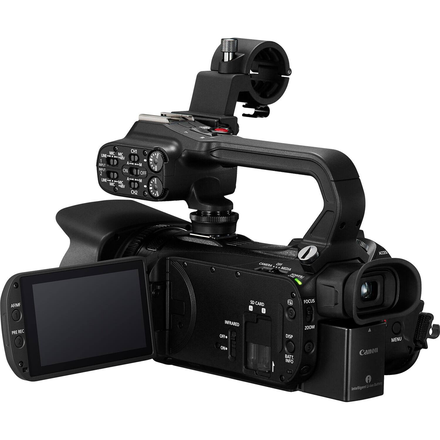 MIC On UN MC 4 & N N - ON 2 I OFF UNE A 1   MIC - CH 1    K CHARRA OFF MD C7R ASIMF I PRE REC 2 INFRARED OF7# ONN 8 CARD 6 DISP BATT INFO FOCUS ZOOM A Canon MENU i Ha intelligent