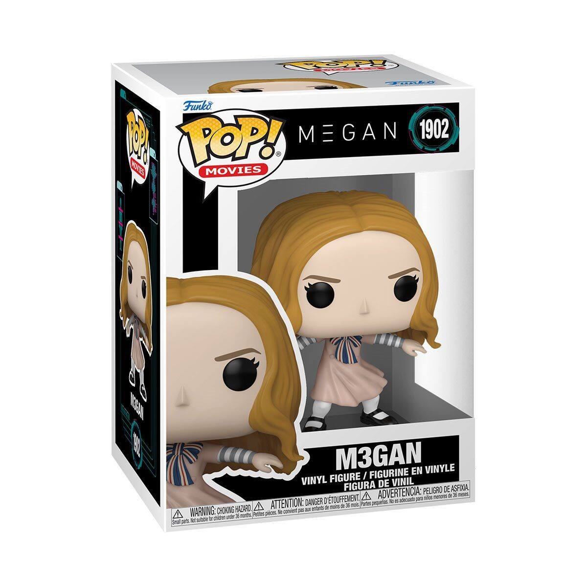 Sure, here is the corrected and grouped text from the image:

---

**Front:**

- **Top Left:** Funko POP! MOVIES
- **Top Right:** MEGAN 1902
- **Bottom:** M3GAN VINYL FIGURE / FIGURINE EN VINYLE / FIGURA DE VINIL / FIGURA DE VINIL

**Warnings:**

- **Bottom Left:** WARNING: CHOKING HAZARD - Small parts. Not for children under 3 years.
- **Bottom Right:** ATTENTION: DANGER DE SOUFFLEMENT - Petites pièces. Ne convient pas aux enfants de moins de 3 ans.
- **Bottom Center:** ADVERTENCIA: PEIGLOR DE ASFIIA - Piezas pequeñas. No es adecuado para menores de 3 años.

**Side:**

- **Top:** Funko POP! MOVIES
- **Bottom:** M3GAN 1902

**Back:**

- **Top:** Funko POP! MOVIES
- **Bottom:** M3GAN 1902

**Additional Text:**

- **Bottom Left:** WARNING: CHOKING HAZARD - Small parts. Not for children