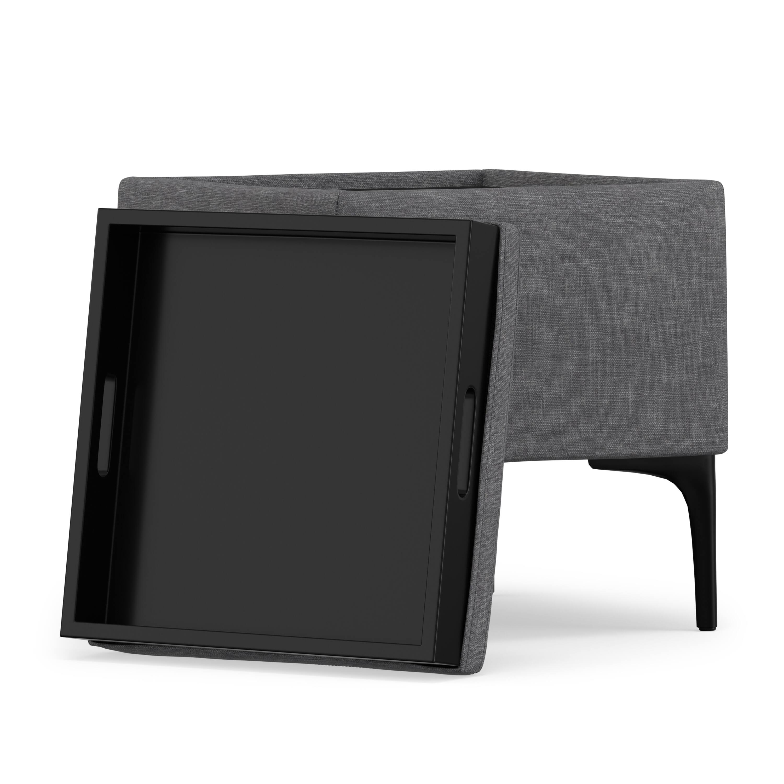 Back. Simpli Home - Natasha 18 inch Wide Mid Century Square Mid Century Storage Ottoman with Tray in Slate Grey Polyester Linen, Assembled - Slate Grey.