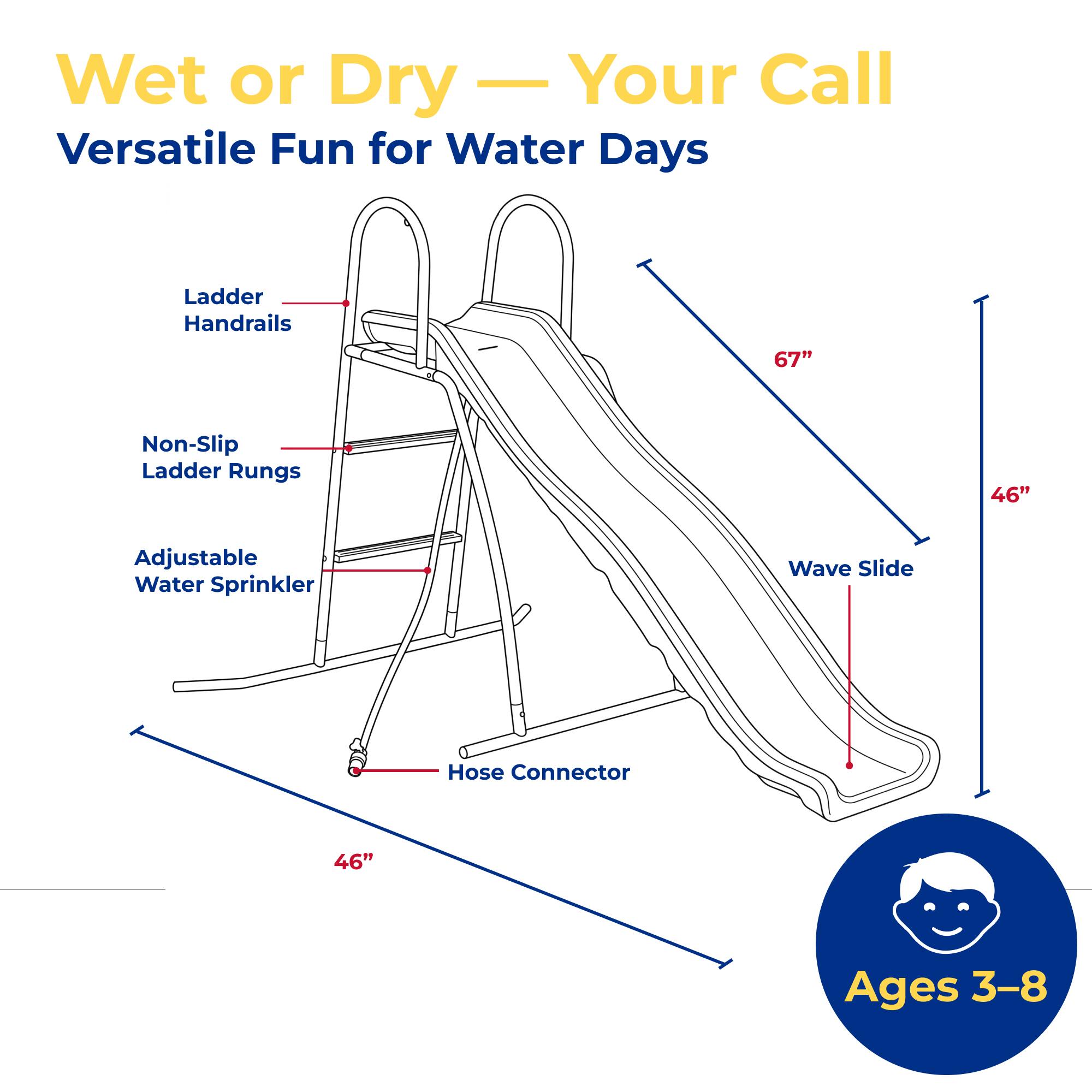 Wet or Dry - Your Call  
Versatile Fun for Water Days

- Ladder Handrails
- Non-Slip Ladder Rungs
- Adjustable Water Sprinkler
- Wave Slide
- Hose Connector

Ages 3-8