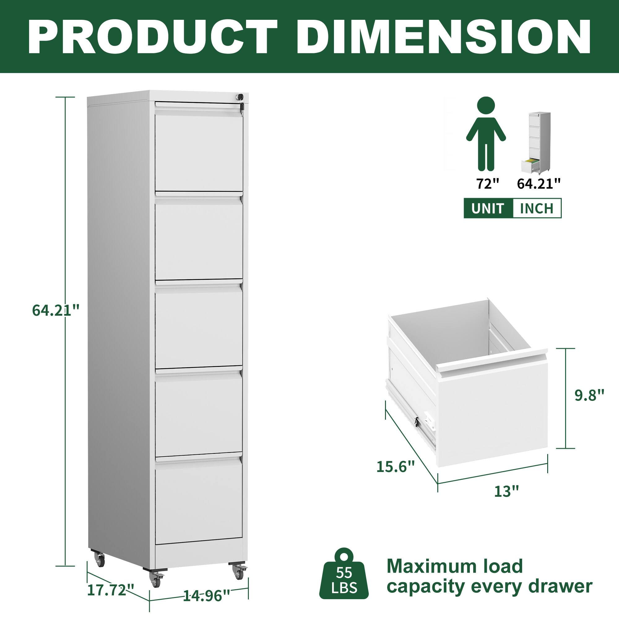 **PRODUCT DIMENSION**

- **Height:** 72" (64.21")
- **Width:** 17.72"
- **Depth:** 14.96"
- **Drawer Dimensions:**
  - **Width:** 15.6"
  - **Depth:** 13"
  - **Height:** 9.8"
- **Maximum load capacity every drawer:** 55 LBS