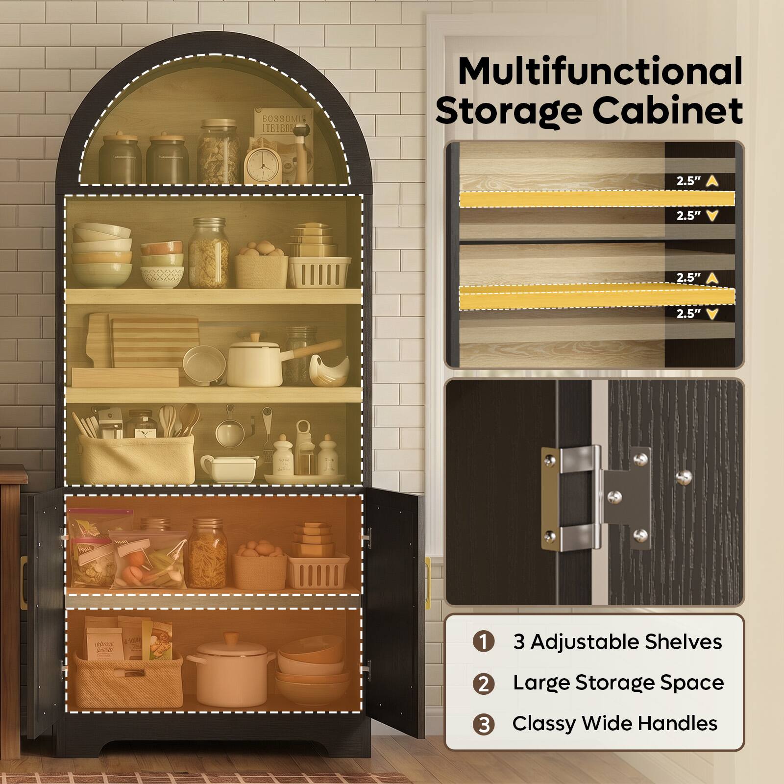 BOSSOMI TEIEO Multifunctional Storage Cabinet 2.5" 2.5" 2.5" 2.5"  
3 Adjustable Shelves  
Large Storage Space  
Classy Wide Handles