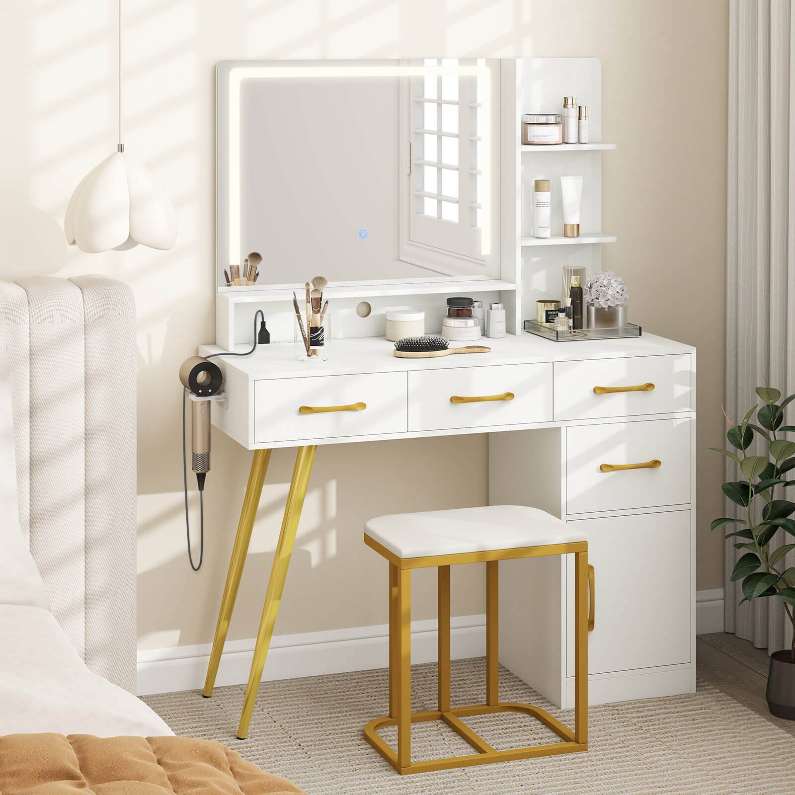 Alt View 3. Costway - Costway Modern Vanity Desk Set with Charging Station,Hair Dryer Holder & 3-Color LED Mirror - White.