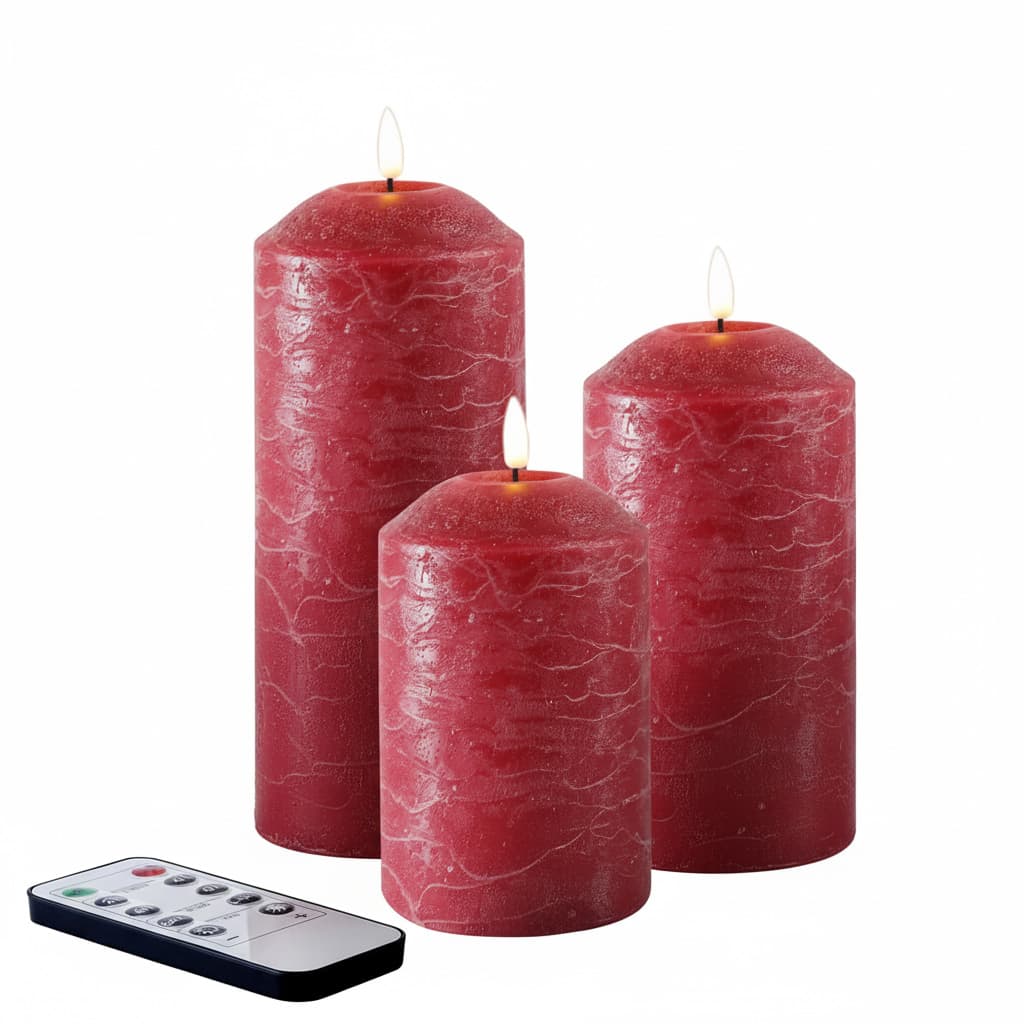 Front. FINEAK - 3 Pack Red Flameless Pillar Candles with Remote:Real Wax, Flickering LED, Battery-Operated, for Christmas Decor - Red.