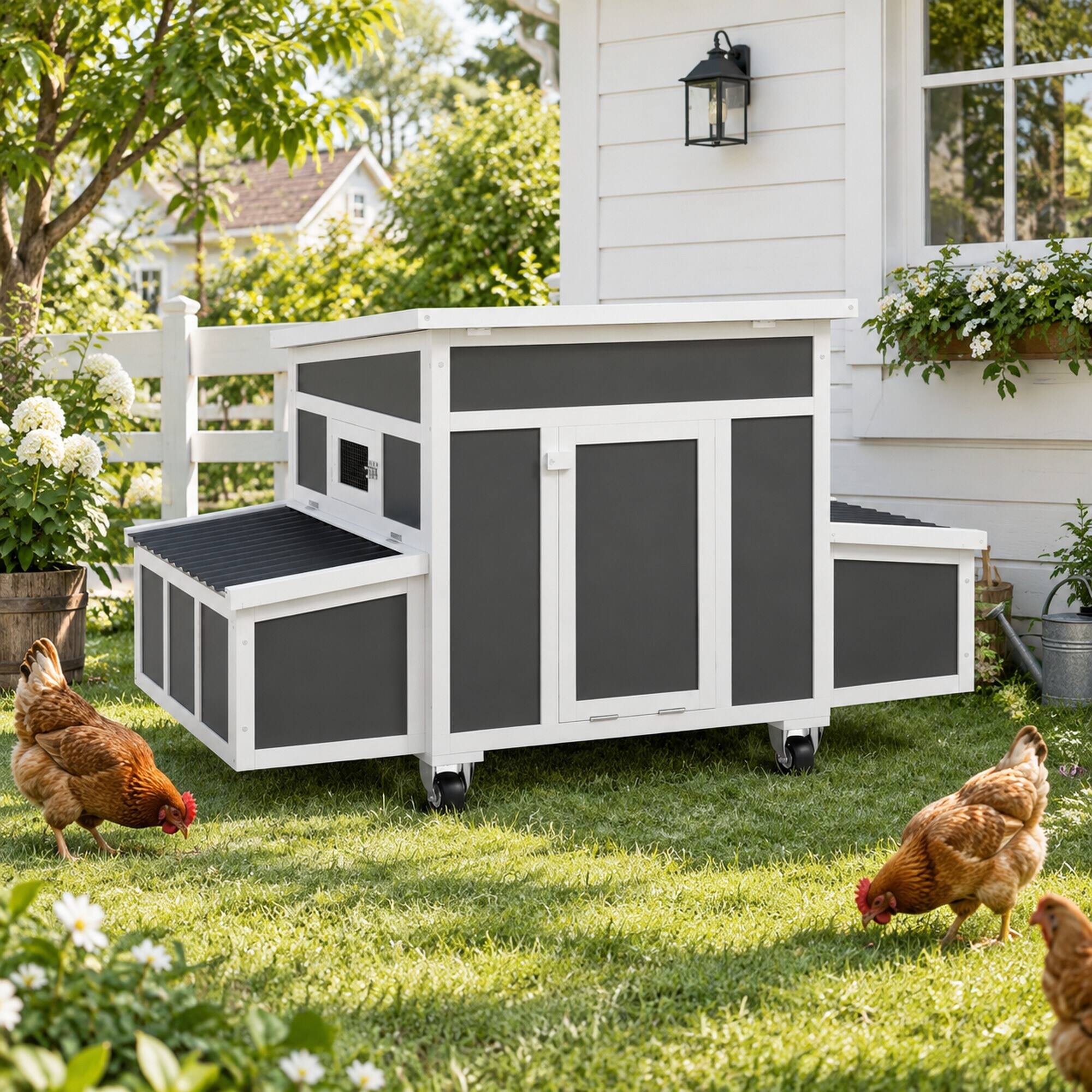 Back. RYHNUYNE - Wooden Chicken Coop, Fir Wood and Plastic Build, 7 sq ft Activity Area, Dark Gray, Weatherproof Roof, Easy Clean Tray.