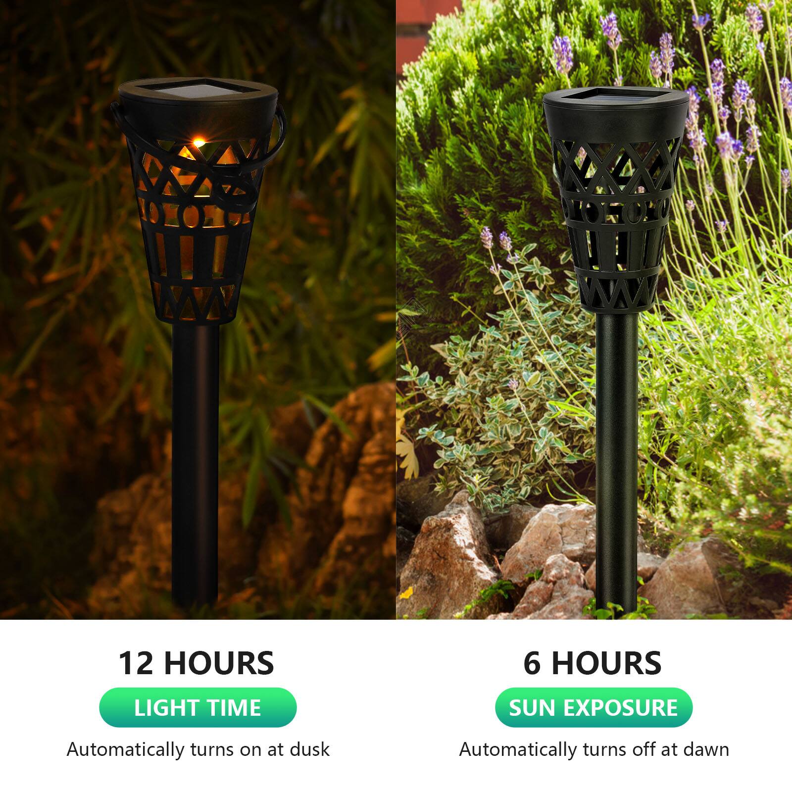 12 HOURS LIGHT TIME  
Automatically turns on at dusk  

6 HOURS SUN EXPOSURE  
Automatically turns off at dawn