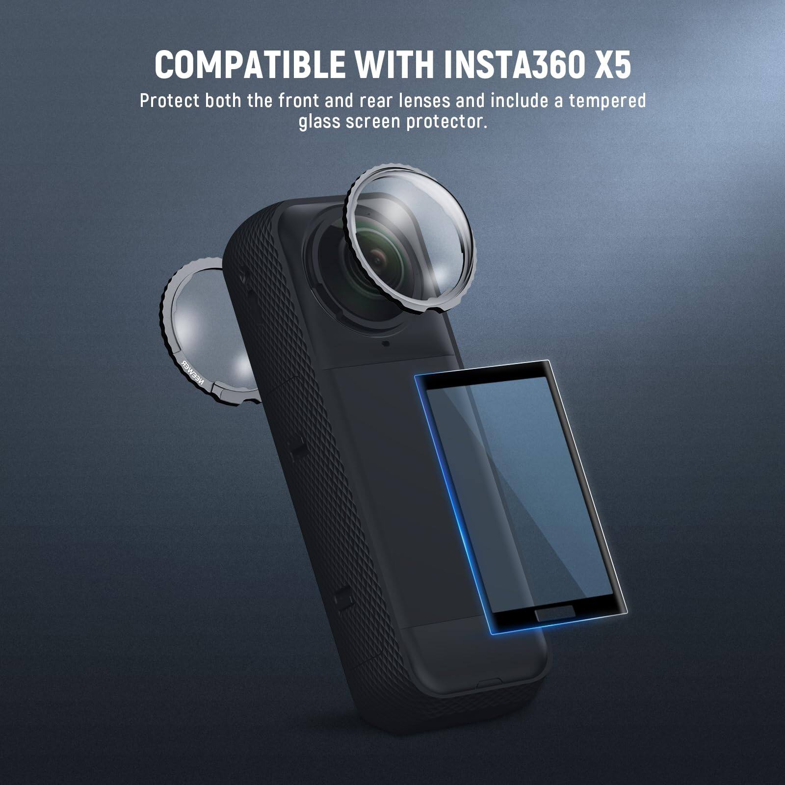 COMPATIBLE WITH INSTA360 X5  
Protect both the front and rear lenses and include a tempered glass screen protector.