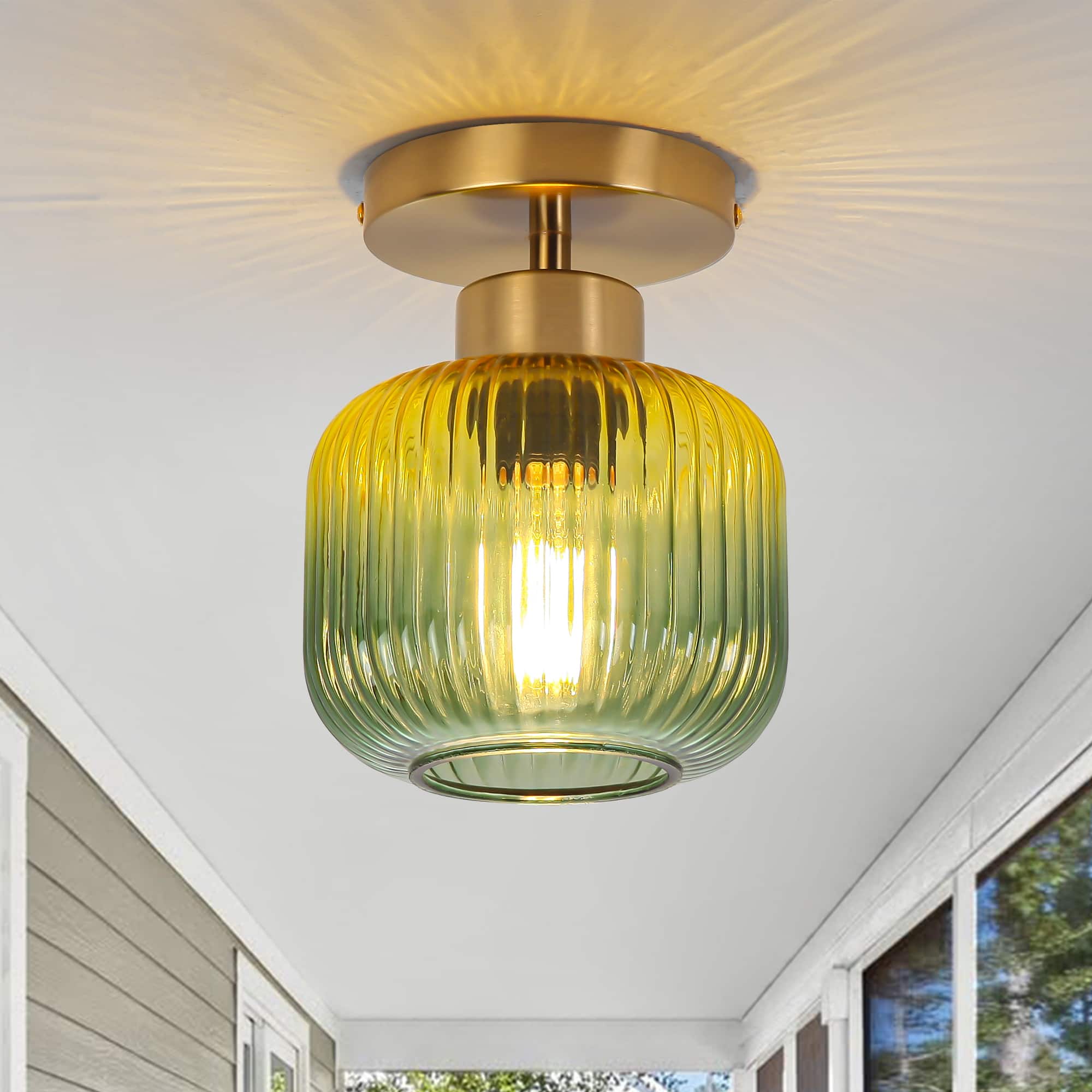 Front. Parrot Uncle - 6" Wide Vintage Gold Semi Flush Mount Ceiling Light with Green Glass - Gold.