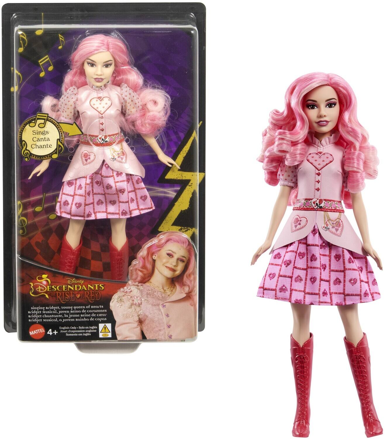 Sings Canta Chante  
Disney DESCENDANTS RISE OF RED  
singing bridget, young queen of hearts  
bridget musical, jeune reine des cœurs  
bridget musical, joven reina de corazones  
English-Only - Solo en inglés  
MATTEL 4+  
English-Only - Solo en inglés  
4+  
Sole expression anglaise