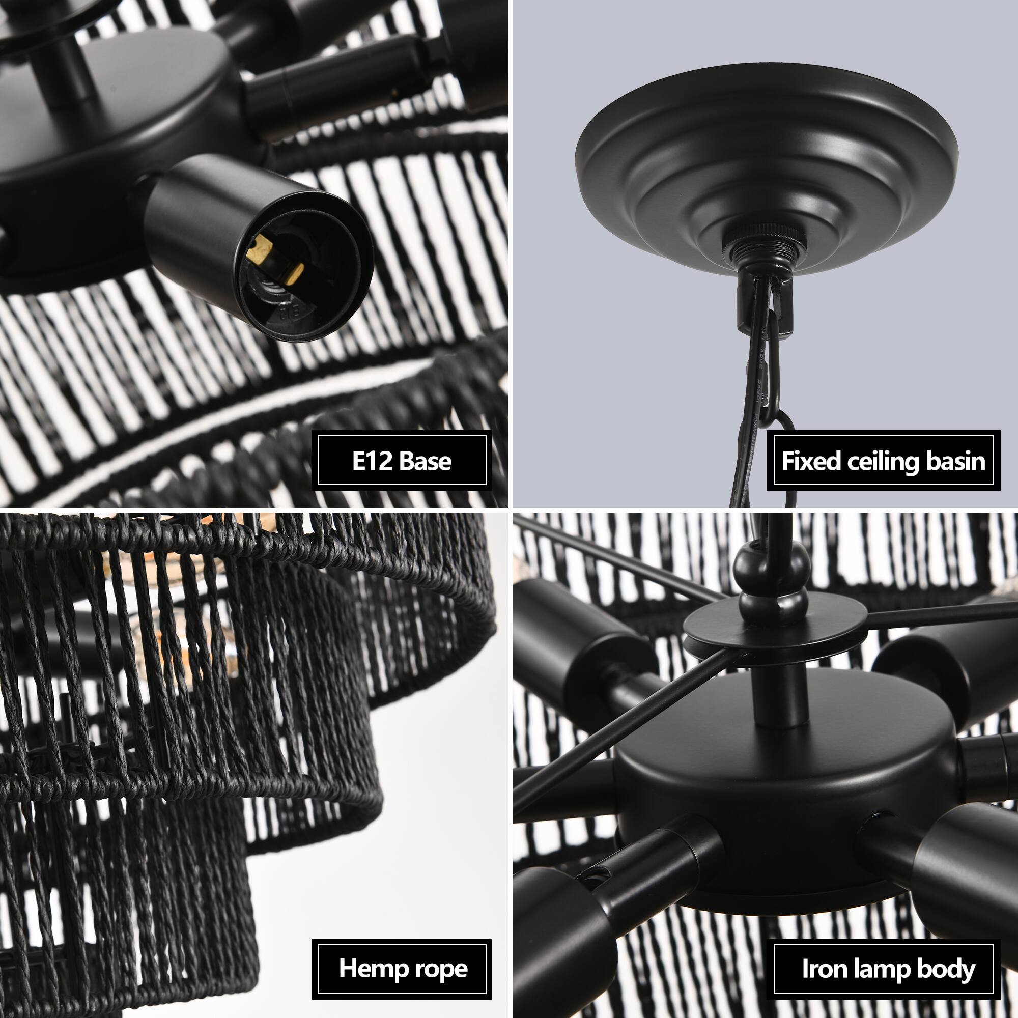 - E12 Base
- Fixed ceiling basin
- Hemp rope
- Iron lamp body