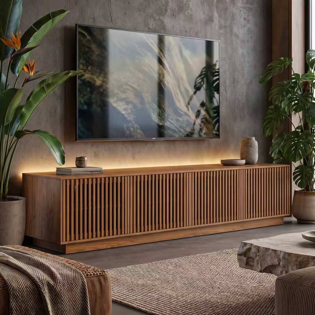 Back. luck idea - Slatted Wood TV Stand, 86.61 Inch Low‑Profile Media Console with Storage Cabinets for TVs Up to 85 Inch - brown.