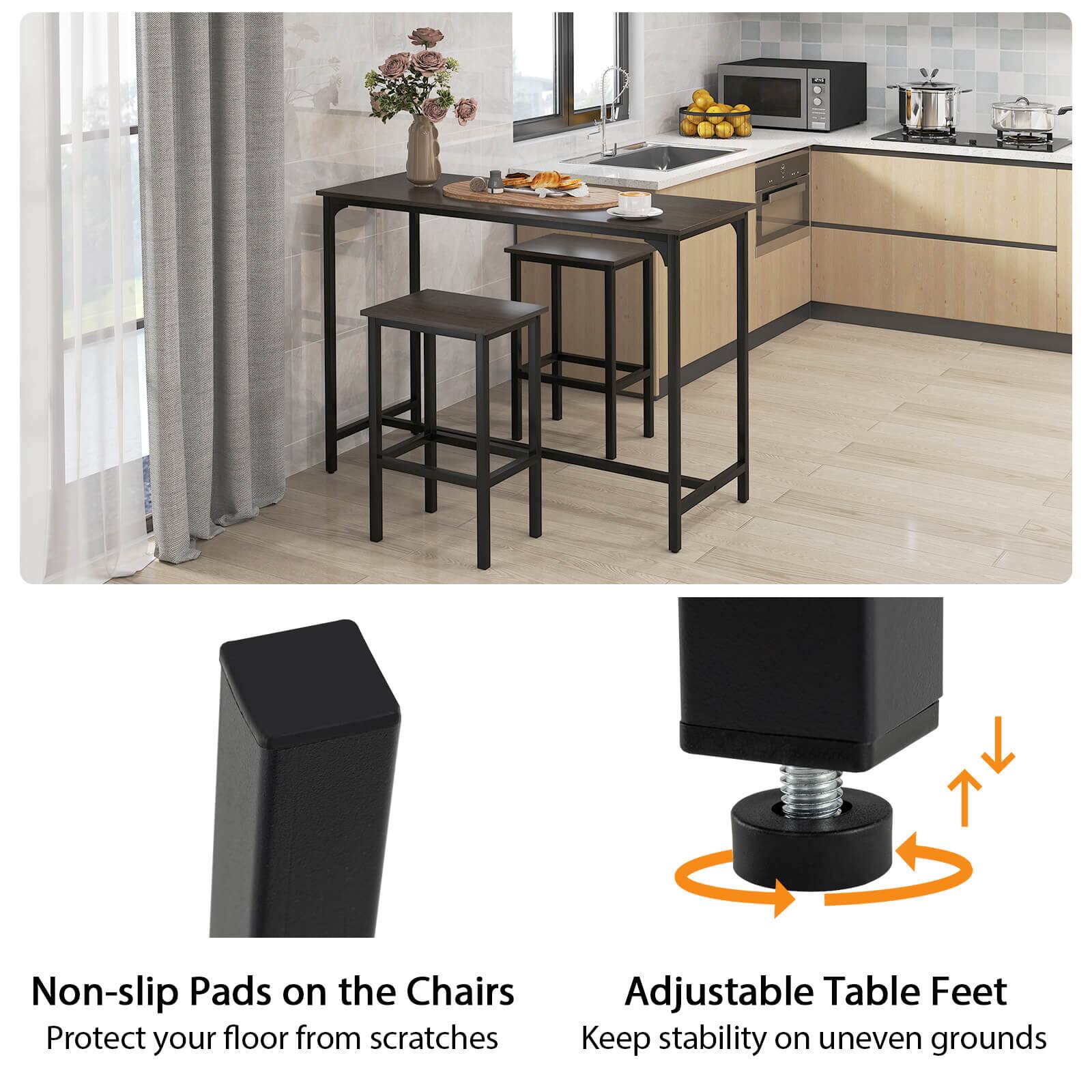The text on the image is grouped as follows:

1. Non-slip Pads on the Chairs: Protect your floor from scratches.
2. Adjustable Table Feet: Keep stability on uneven grounds.