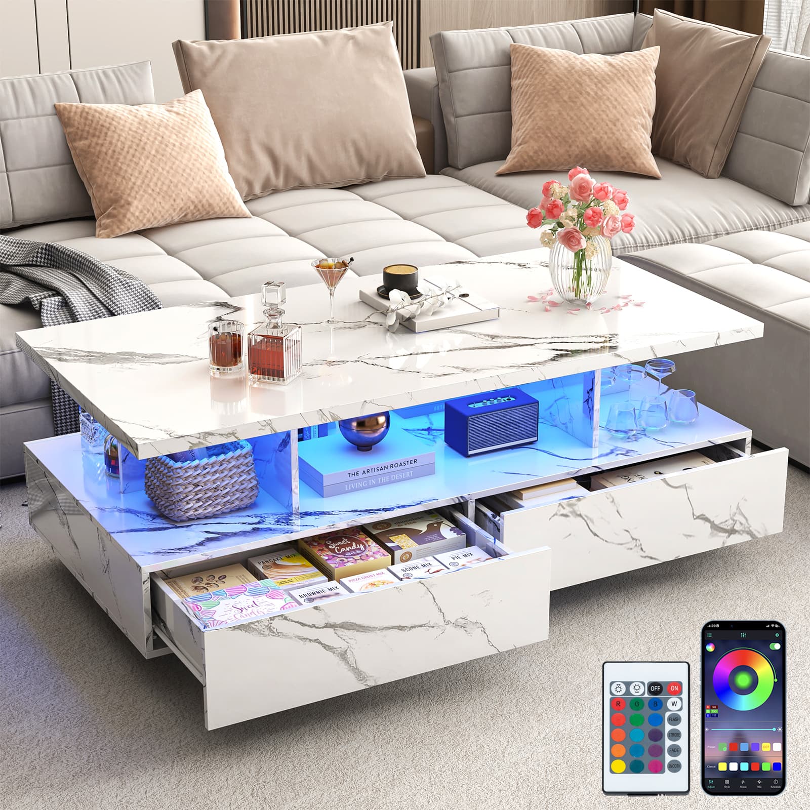 Espafurni - 43in Modern LED Coffee Table - 2 Big Drawers, 60K color App lights, High gloss, 2 - Tier for Living Room - Marble White
