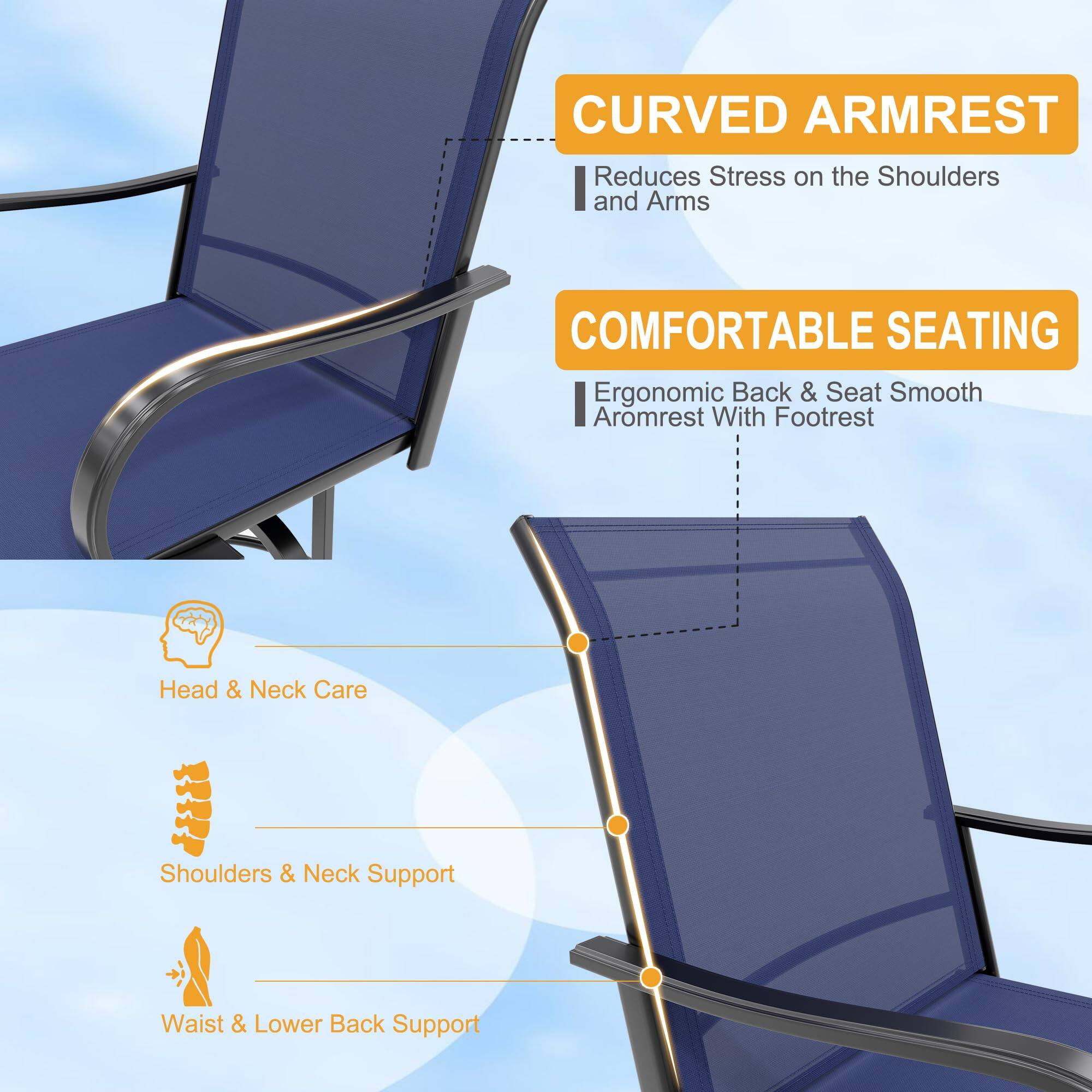 - CURVED ARMREST
  - Reduces Stress on the Shoulders and Arms

- COMFORTABLE SEATING
  - Ergonomic Back & Seat
  - Smooth Armrest With Footrest

- Head & Neck Care
- Shoulders & Neck Support
- Waist & Lower Back Support