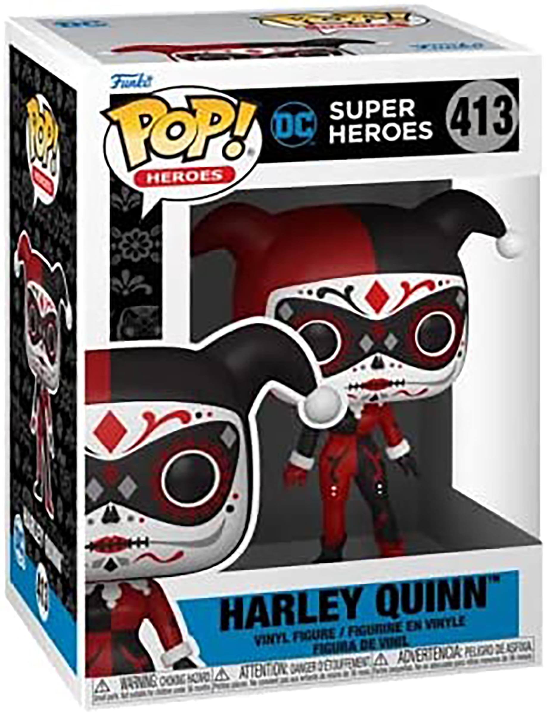 Sure, here is the corrected and grouped text from the image:

---

**Top Left:**
- Funko
- POP! HEROES

**Top Center:**
- DC
- SUPER HEROES
- 413

**Center:**
- HARLEY QUINN™

**Bottom:**
- VINYL FIGURE / FIGURINE EN VINYLE / FIGURA DE VINIL
- WARNING: CHOKING HAZARD - SMALL PARTS. NOT FOR CHILDREN UNDER 3 YEARS. / ATTENTION: PELIGRO DE AHOGO - PIEZAS PEQUEÑAS. NO ES APTO PARA NIÑOS MENORES DE 3 AÑOS. / ADVERTÊNCIA: PEÇAS PEQUENAS. NÃO É APTO PARA CRIANÇAS MENORES DE 3 ANOS.

**Bottom Left:**
- WARNING: CHOKING HAZARD - SMALL PARTS. NOT FOR CHILDREN UNDER 3 YEARS. / ATTENTION: PELIGRO DE AHOGO - PIEZAS PEQUEÑAS. NO ES APTO PARA NIÑOS MENORES DE 3 AÑOS. / ADVERTÊNCIA