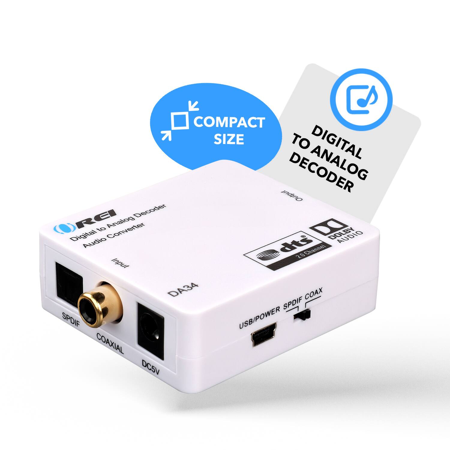 COMPACT SIZE, DIGITAL TO ANALOG DECODER, RE to Analog Converter, AUDIO, Audio, dts 20 Channel, DA34, COAX, SPDIF, SPOIF, USB/POWER, COAXIAL, DCSV