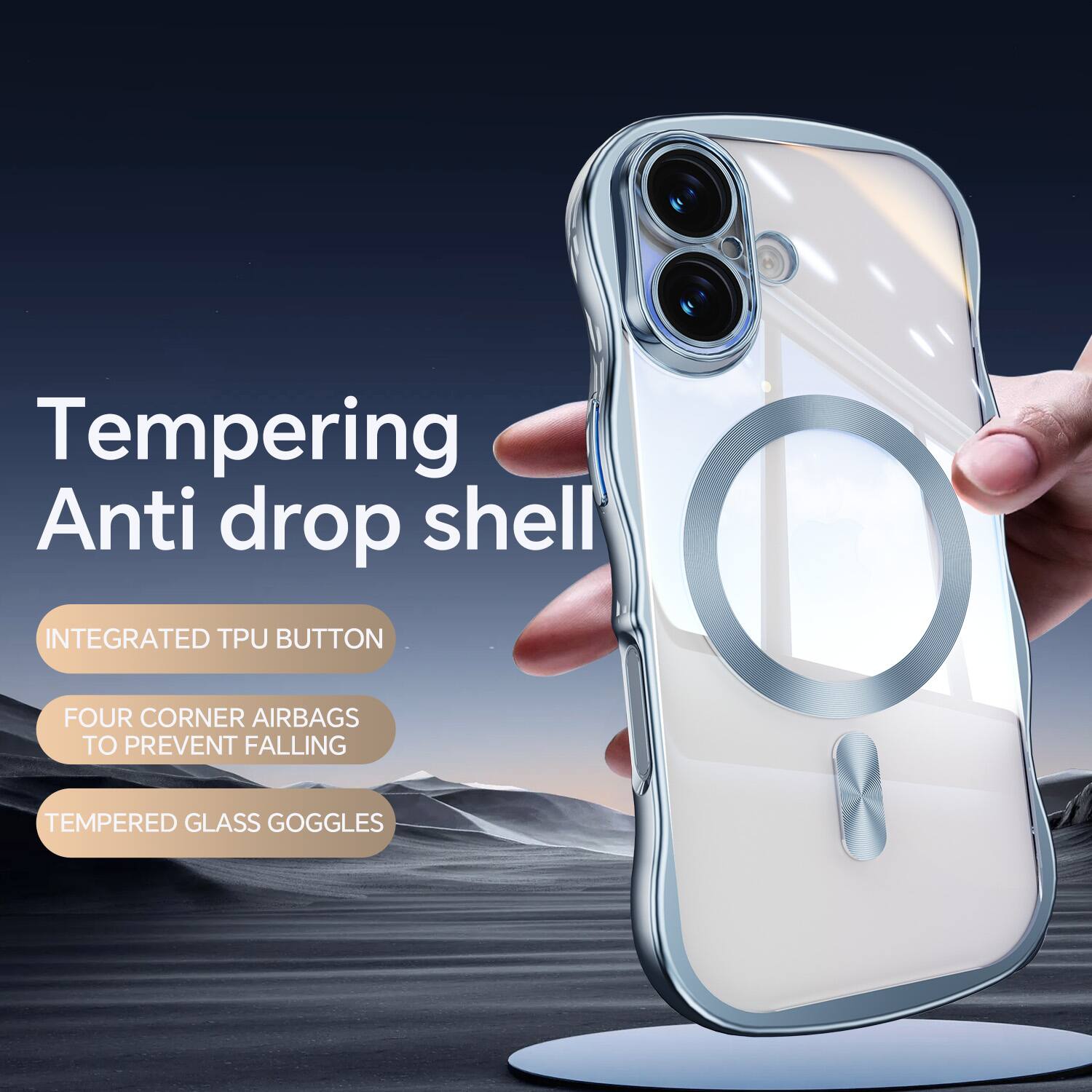 Tempering Anti drop shell  
INTEGRATED TPU BUTTON  
FOUR CORNER AIRBAGS TO PREVENT FALLING  
TEMPERED GLASS GOGGLES
