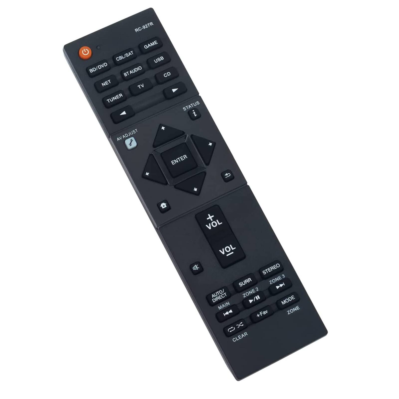 RC-927R  
GAME  
CBL/SAT  
USB  
BD/DVD  
BT AUDIO  
CD  
NET  
TV  
TUNER  
STATUS  
i  
AV ADJUST  
ENTER  
VOL  
VOL  
STEREO  
Surr  
ZONE 3  
AUTO/DIRECT  
ZONE 2  
MAIN  
MODE  
ZONE  
+ Fav  
CLEAR