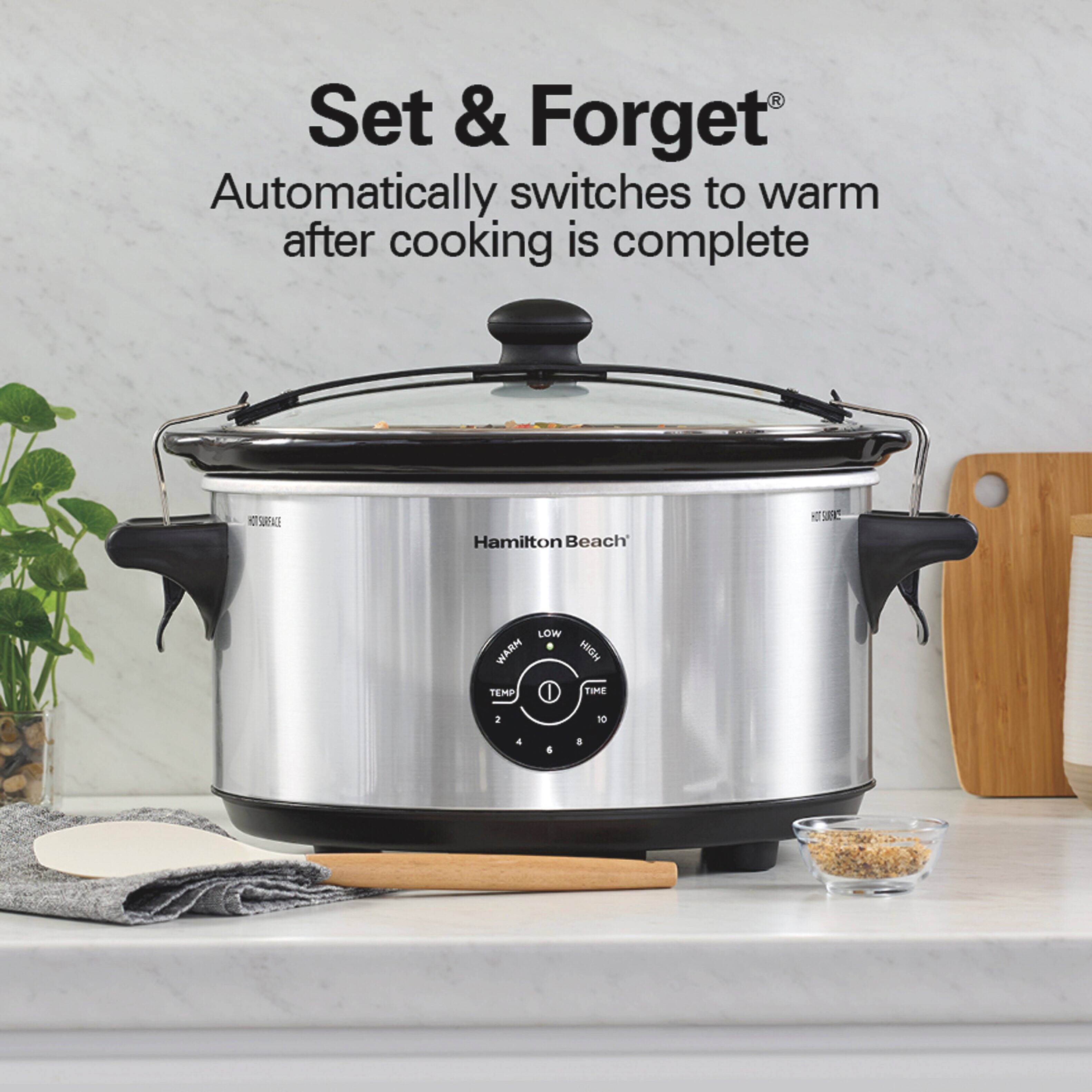 Set & Forget®  
Automatically switches to warm after cooking is complete  

HOT & SLOW  
Hamilton Beach®  
LOW WARM HIGH TEMP TIME  
2 10 4 6 3