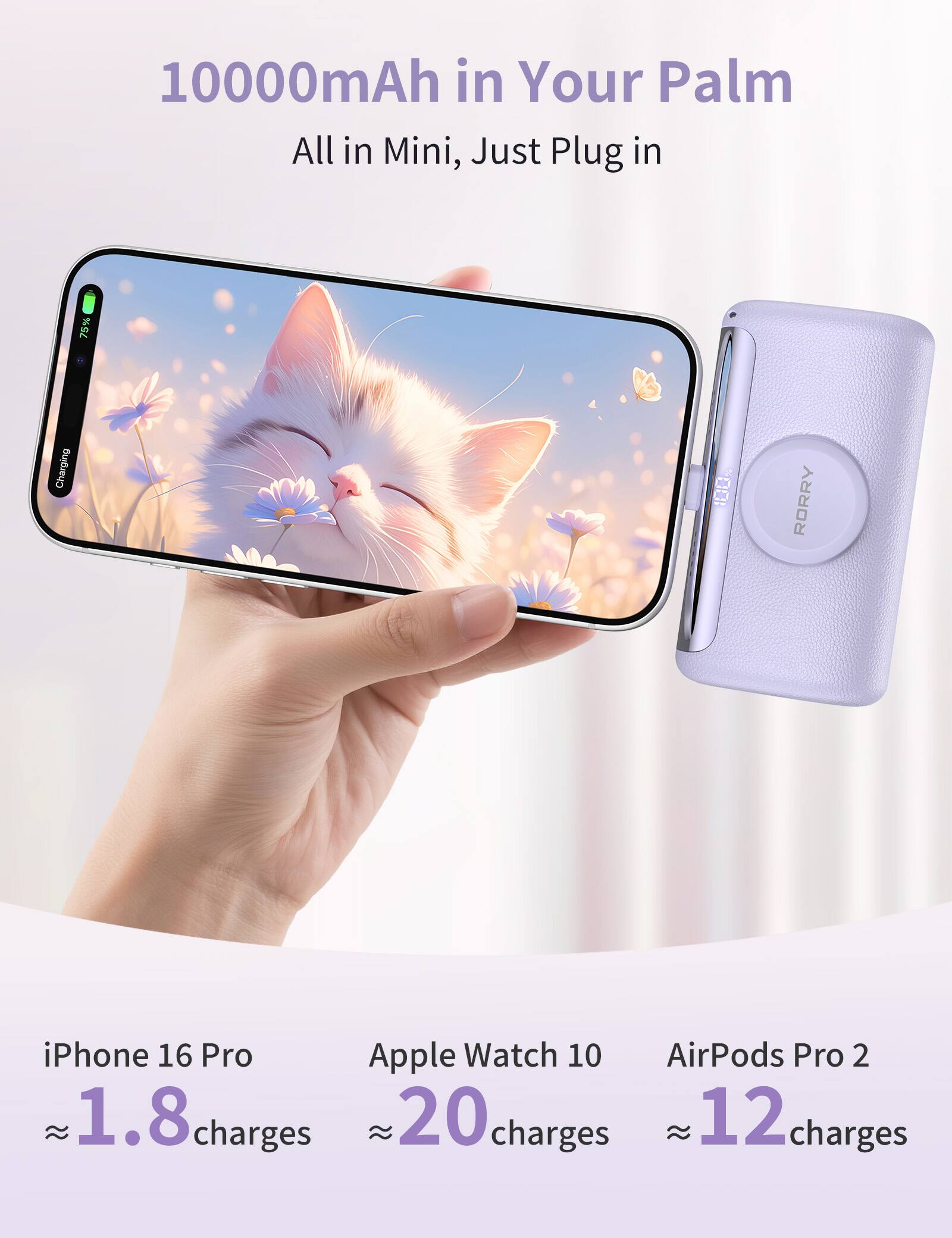 10000mAh in Your Palm All in Mini, Just Plug in

75% Charging

100% RORRY

iPhone 16 Pro Apple Watch 10 AirPods Pro 2

1.8 charges 20 charges 12 charges