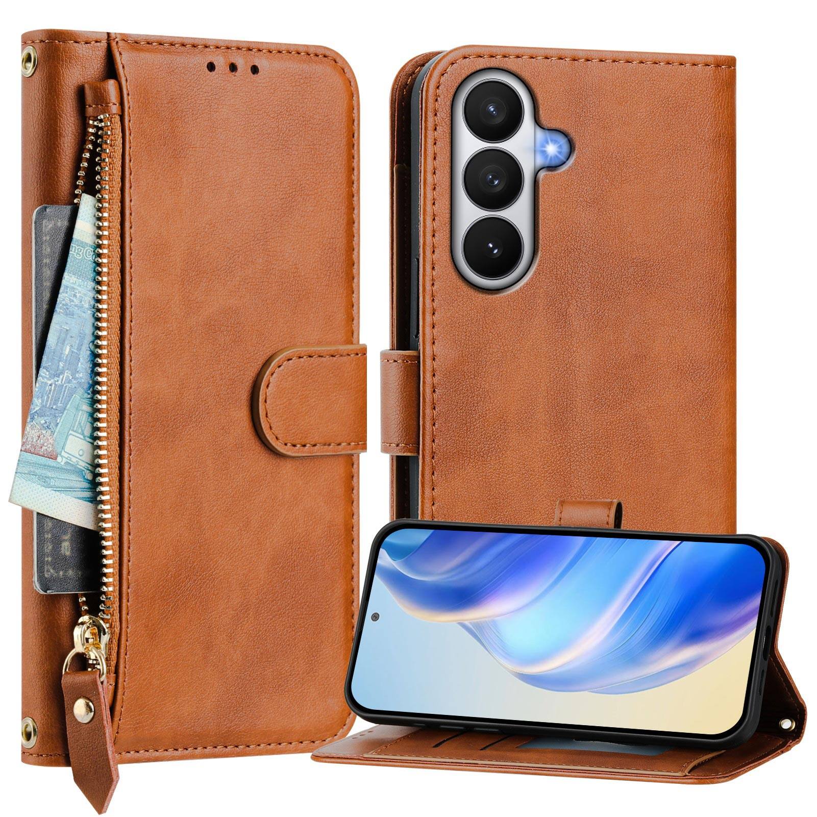 Angle. UUCOVER - Zipper Wallet Case for Samsung Galaxy S26+ Magnetic PU Leather Card Slots Stand Cover with Shoulder / Wrist Strap - Brown.