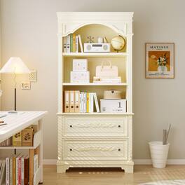 Famapy - French Cream Carved Accent Cabinet, Decorative Storage Cabinet with Open Shelves and Drawers - Off-White