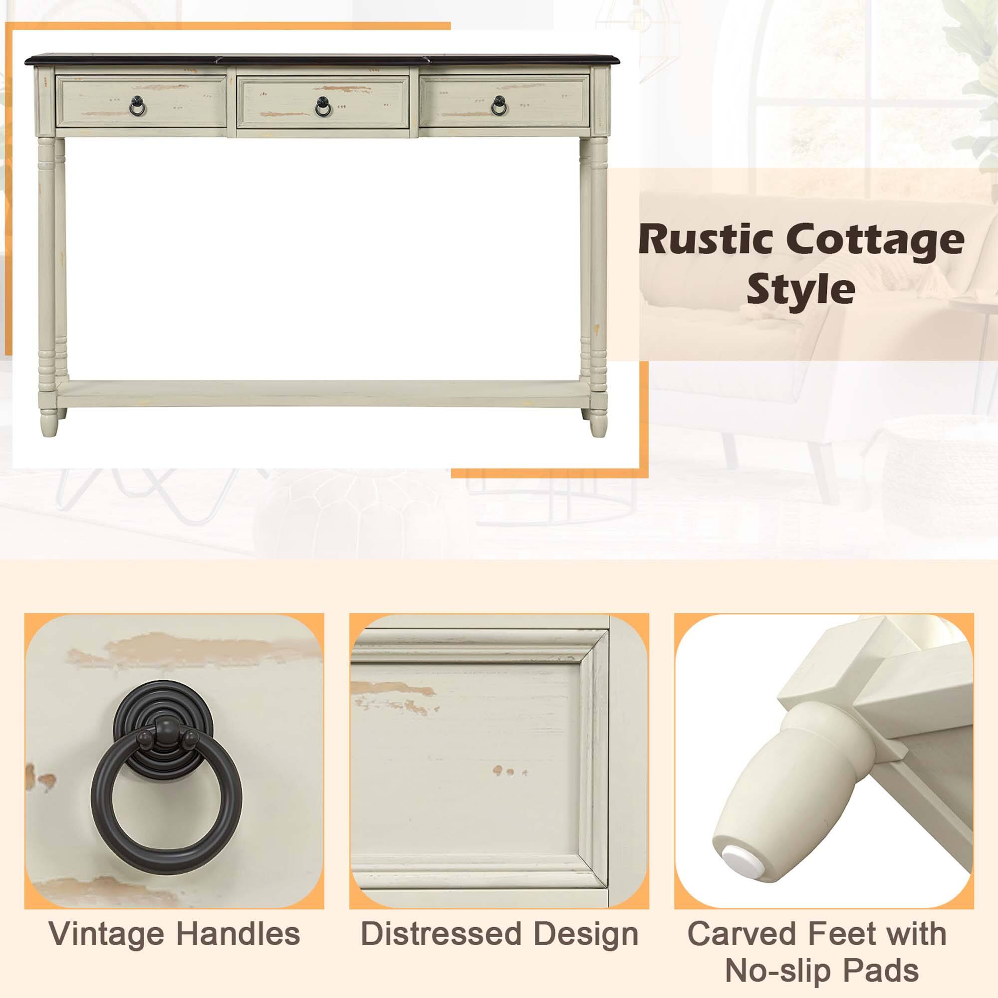 Rustic Cottage Style Vintage Handles Distressed Design Carved Feet with No-slip Pads