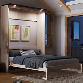 Whisen - Queen Size Murphy Bed with Integrated LED Lighting, Foldable Space-Saving Wall Bed Frame - Beige