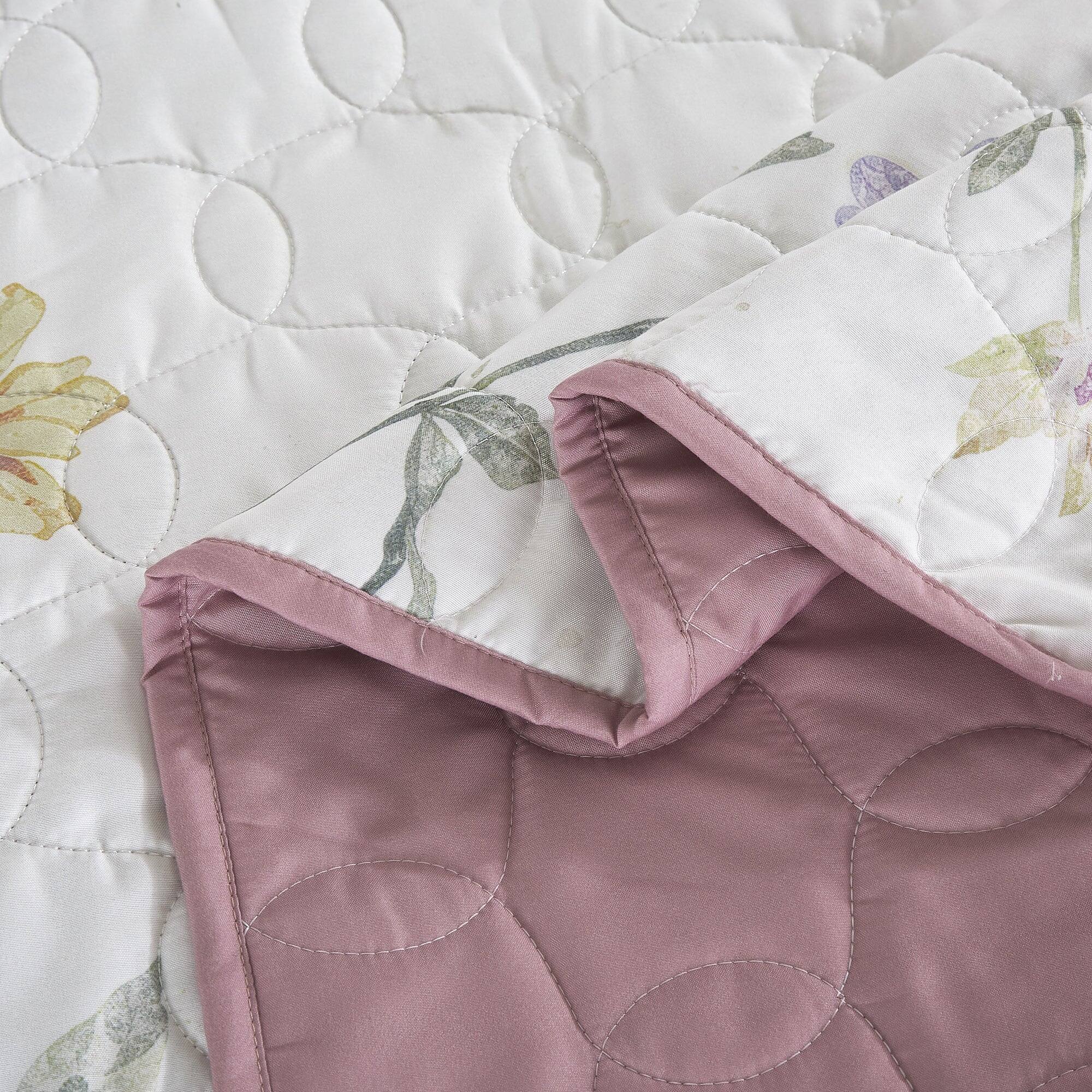 Left. MarCielo - MarCielo 3 Piece Lightweight Quilt Bedspread Set Reversible Floral Botanical - Pink Dahlia.