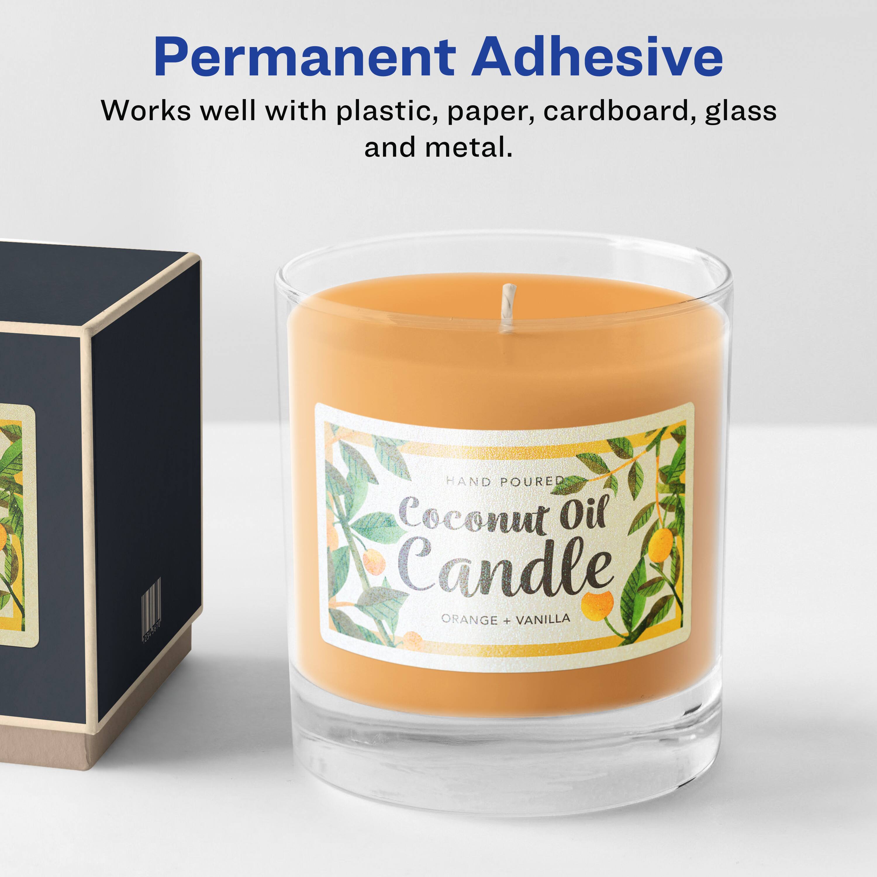 Permanent Adhesive  
Works well with plastic, paper, cardboard, glass and metal.  

MC HAND POURED Coconut Oil Candle ORANGE + VANILLA