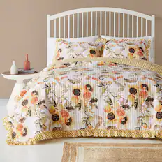 Front. Greenland Home Fashions - Greenland Home Somerset Ruffled Country Gingham Quilt Set, 3-Piece Full/Queen, Gold - Gold.
