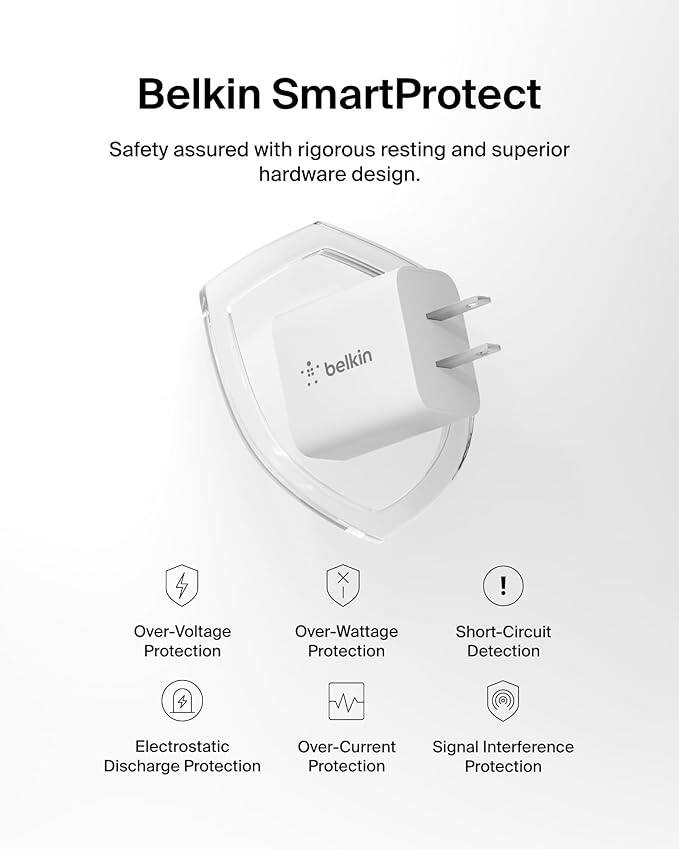 Belkin SmartProtect

Safety assured with rigorous testing and superior hardware design.

- Over-Voltage Protection
- Over-Wattage Protection
- Short-Circuit Detection
- Electrostatic Discharge Protection
- Over-Current Protection
- Signal Interference Protection