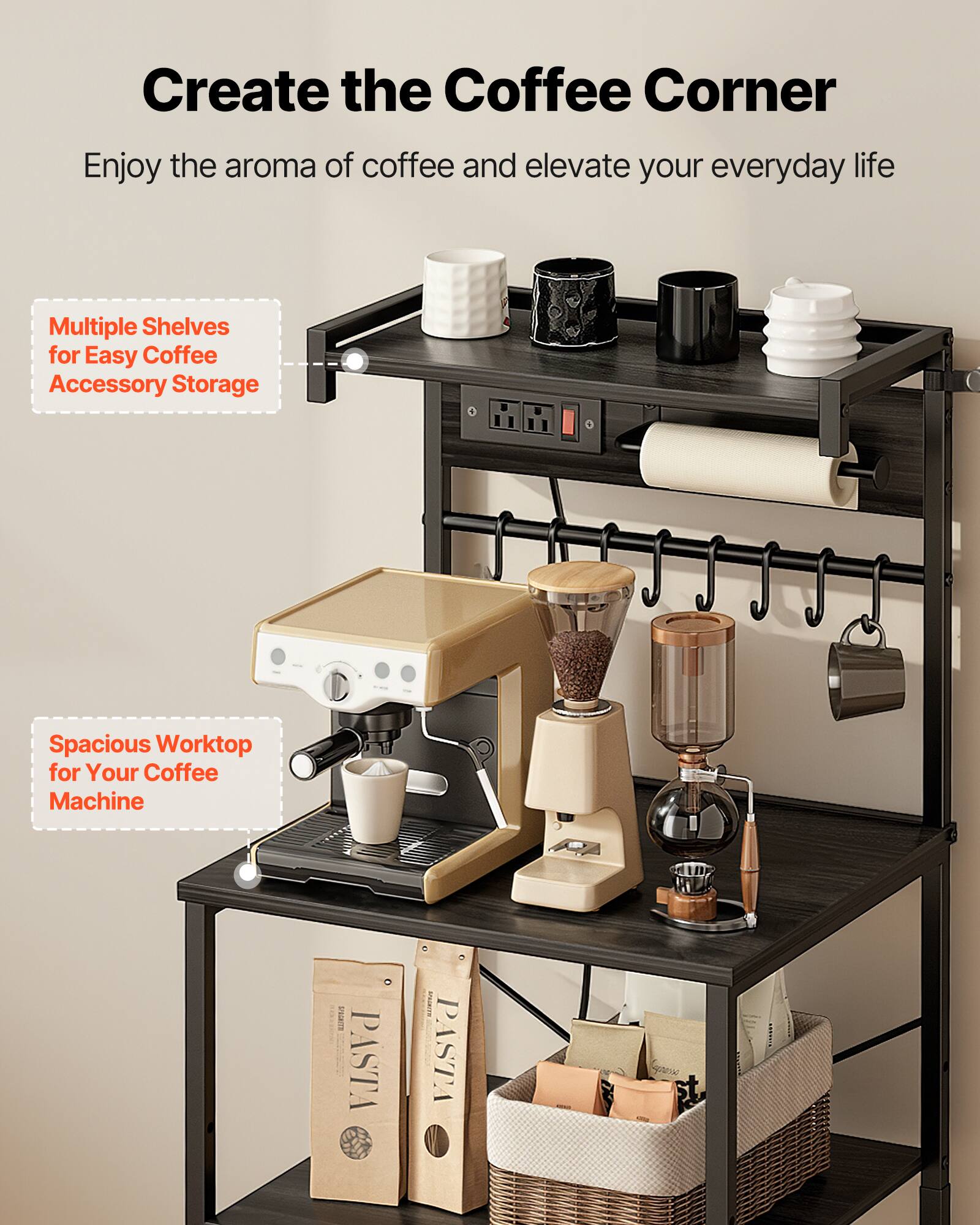 Create the Coffee Corner  
Enjoy the aroma of coffee and elevate your everyday life  

Multiple Shelves for Easy Coffee Accessory Storage  
Spacious Worktop for Your Coffee Machine