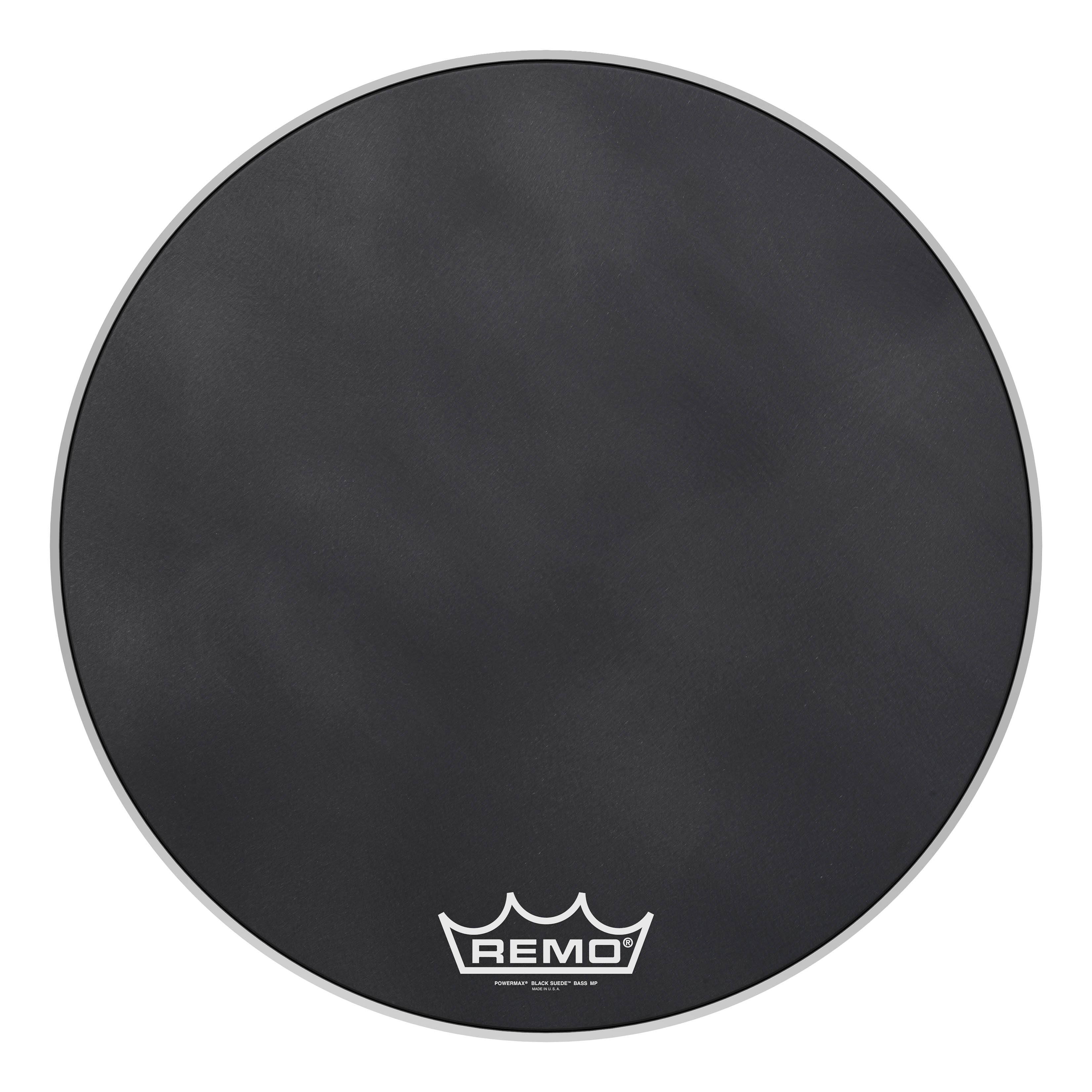 Front. Remo - Powermax® Black Suede™ 26-Inch Bass Drumhead with High-Tension Crimplock® Hoop and Suede Technology.