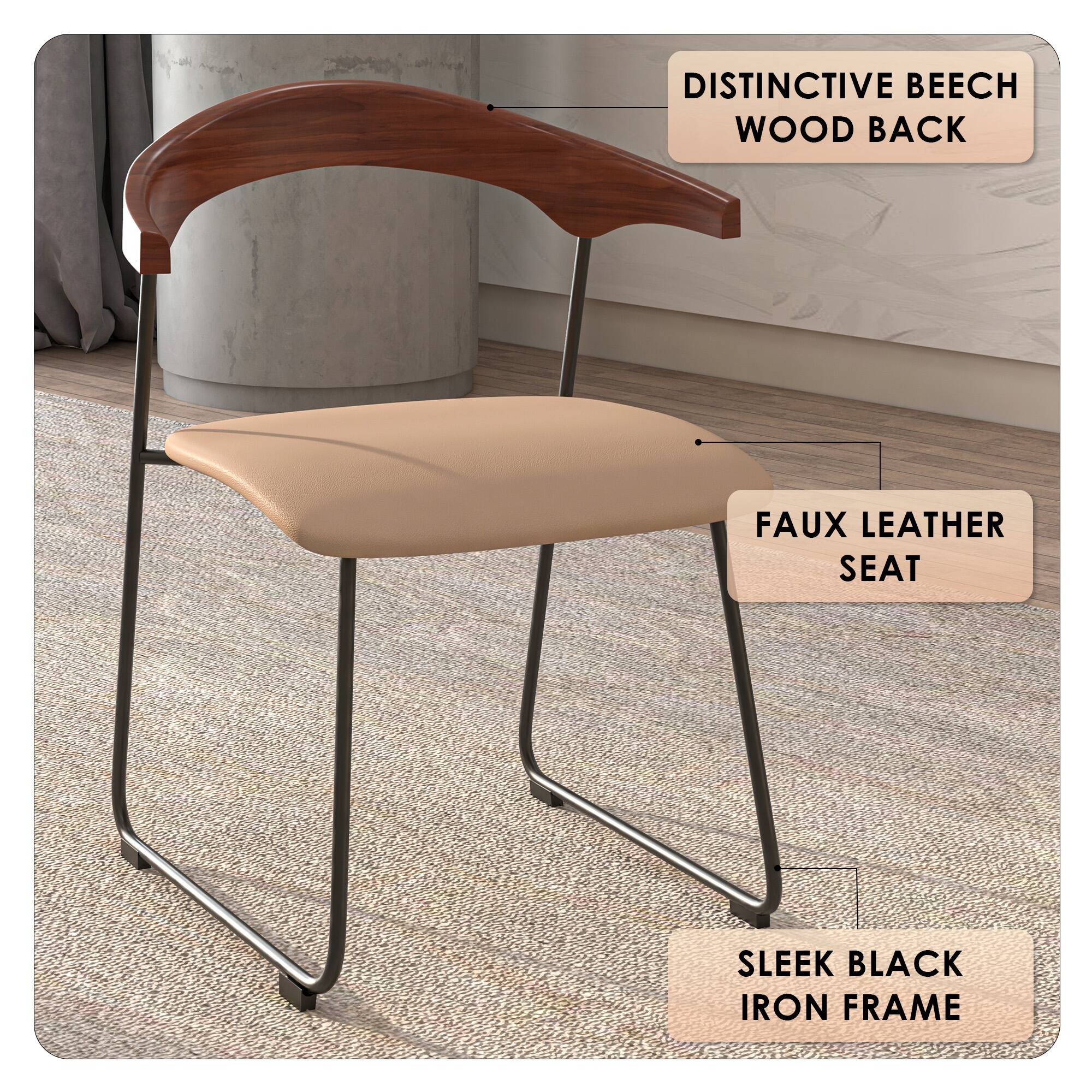 DISTINCTIVE BEECH WOOD BACK  
FAUX LEATHER SEAT  
SLEEK BLACK IRON FRAME