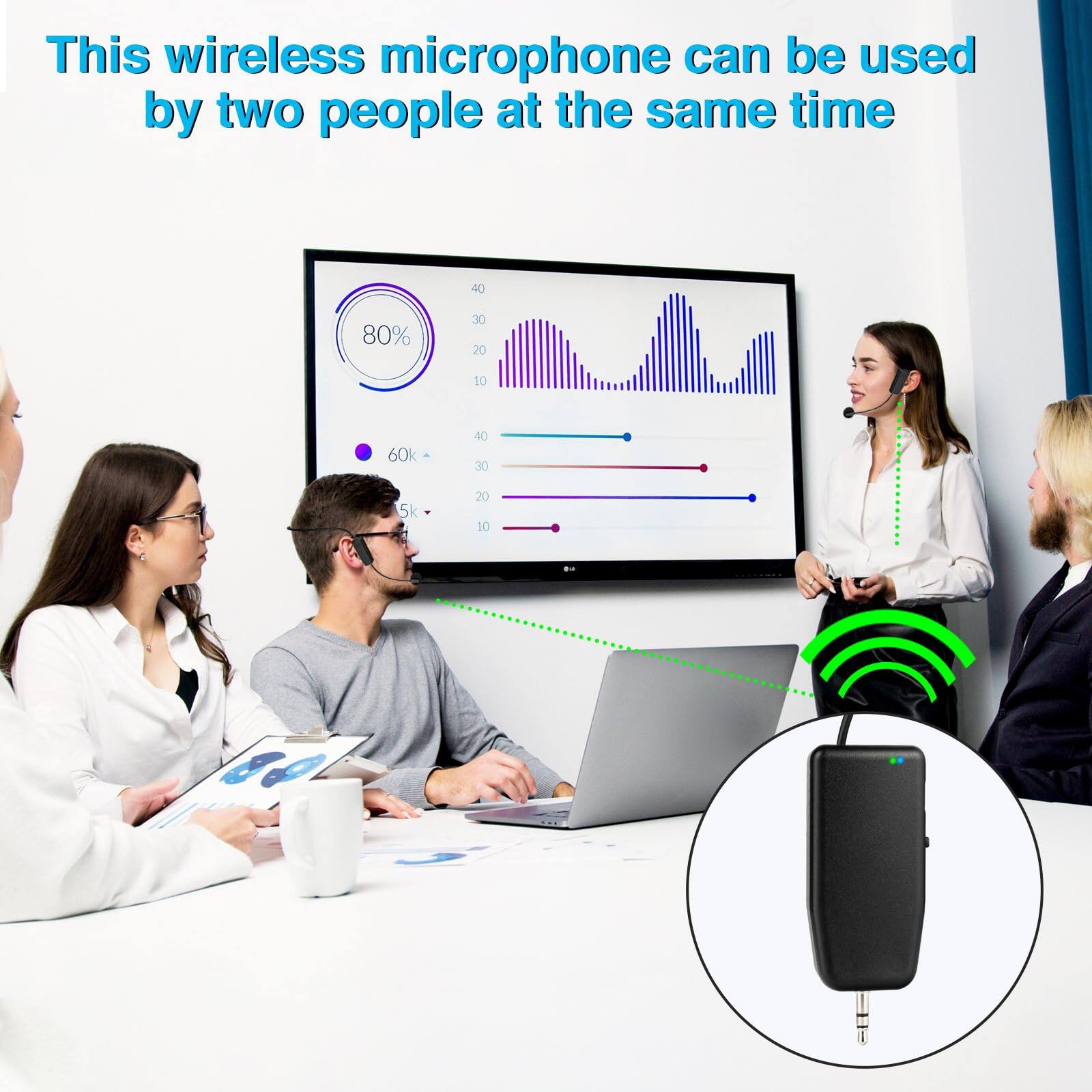 This wireless microphone can be used by two people at the same time.