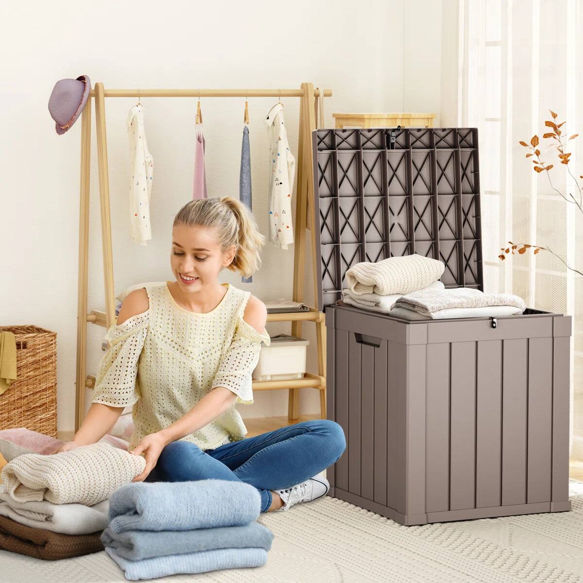 Left. Chic Crate - 50-Gal Plastic Deck Box - Brown.