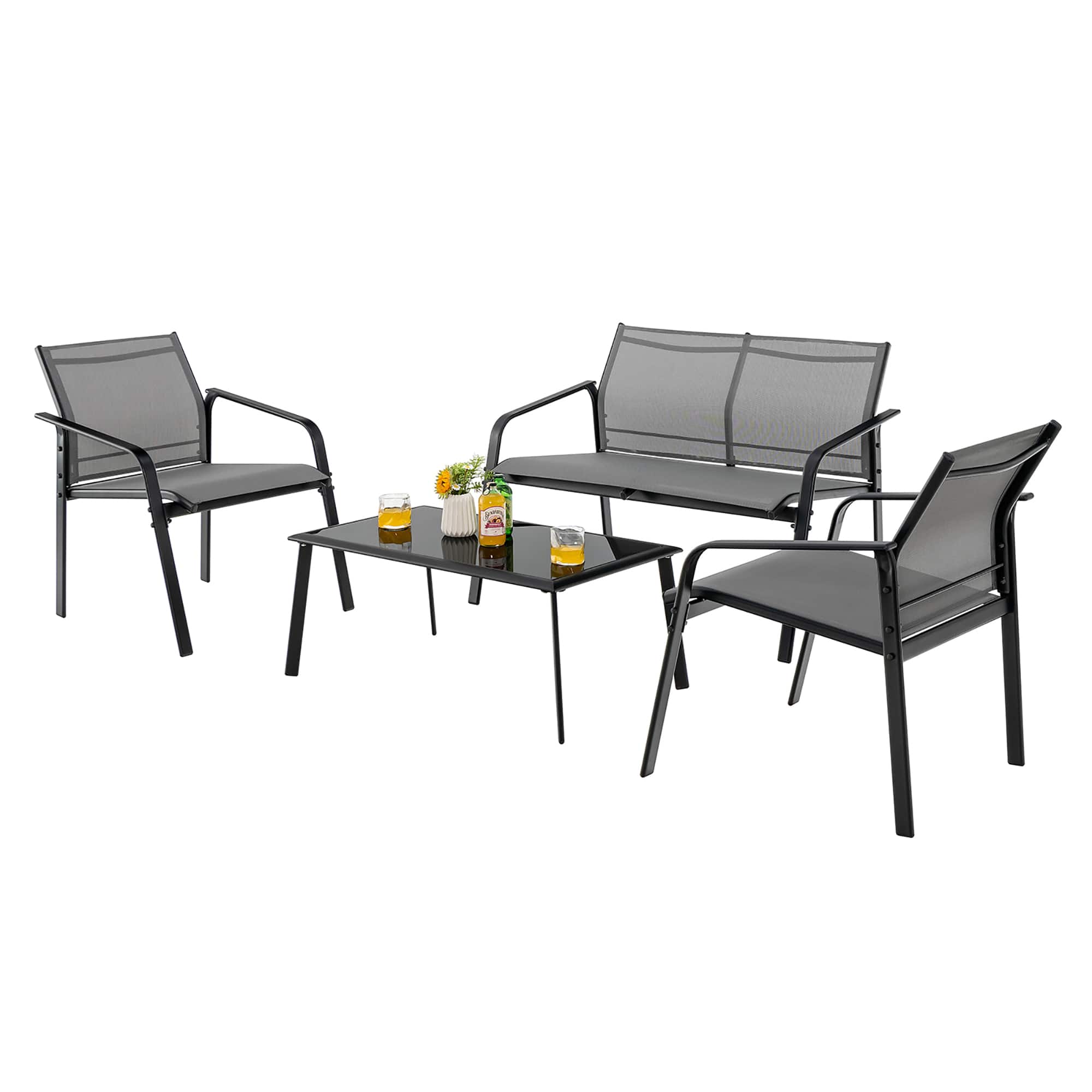 Costway - 4 PCS Patio Furniture Set Loveseat Sofas Armrest Glass Table Deck - Gray