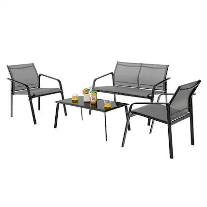 Front. Costway - Costway 4 PCS Patio Furniture Set Loveseat Sofas Armrest Glass Table Deck - Grey.