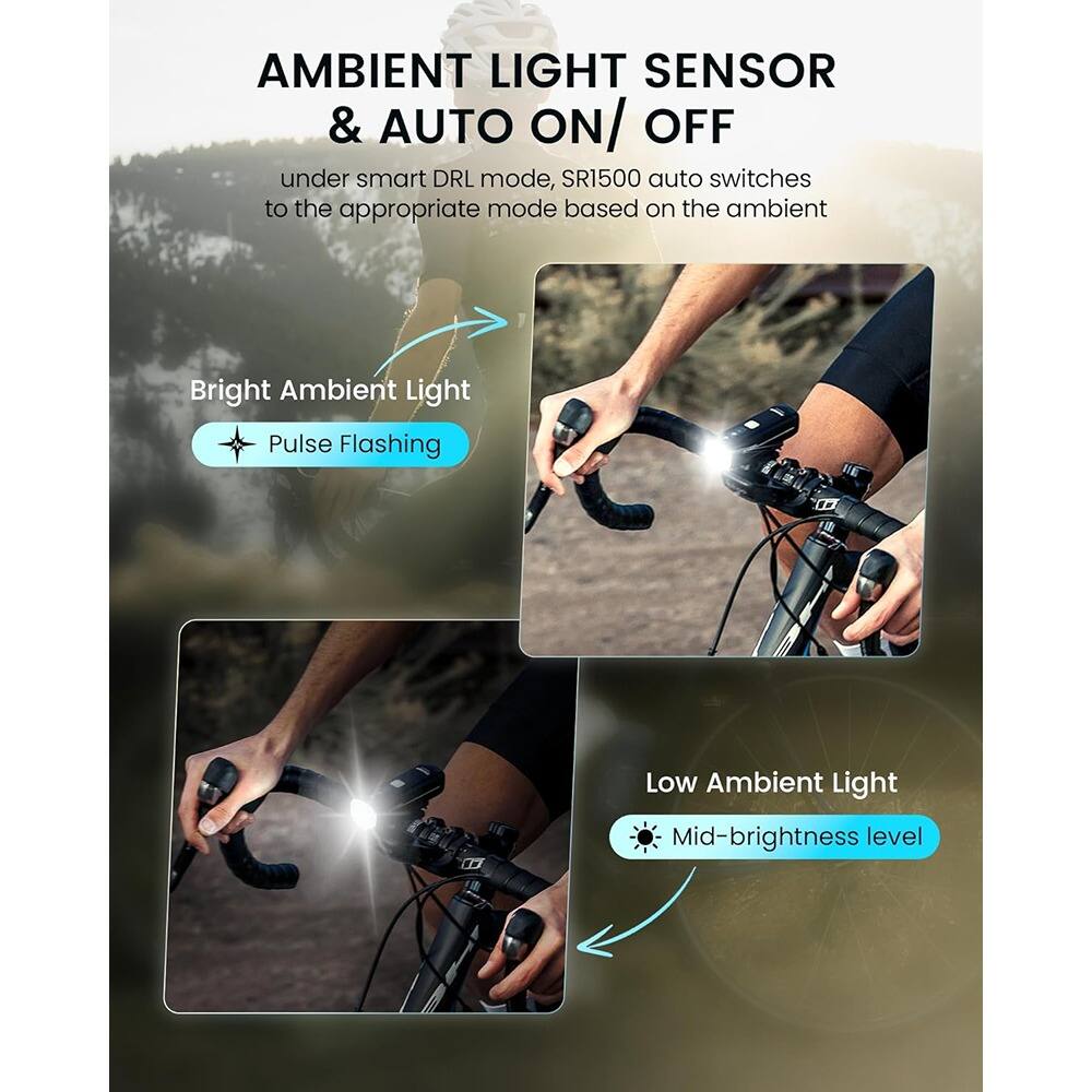 **AMBIENT LIGHT SENSOR & AUTO ON/OFF**

under smart DRL mode, SR1500 auto switches to the appropriate mode based on the ambient

- **Bright Ambient Light**
  - Pulse Flashing

- **Low Ambient Light**
  - Mid-brightness level