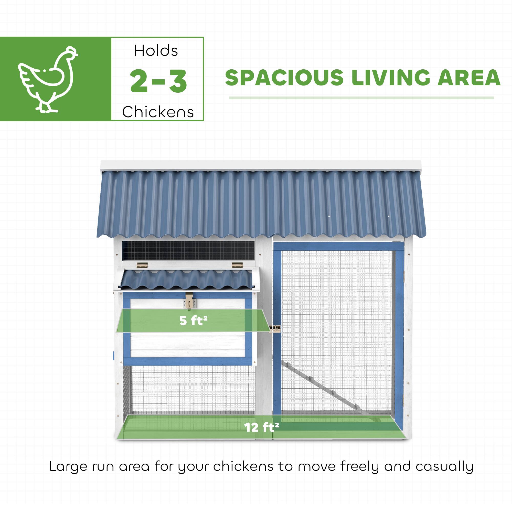 Holds 2-3 Chickens

SPACIOUS LIVING AREA

5 ft²

12 ft²

Large run area for your chickens to move freely and casually
