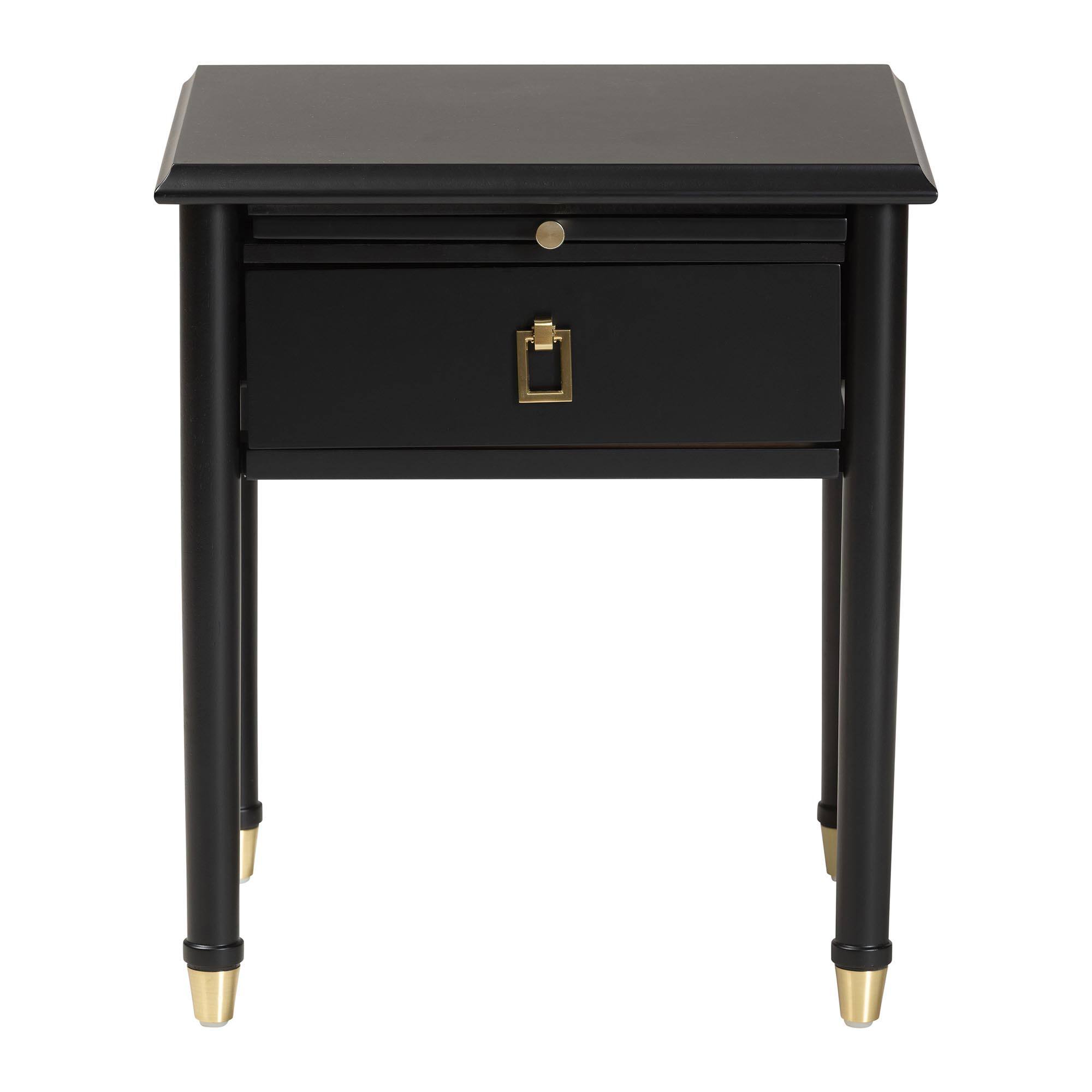 Back. Baxton Studio - Tamra Black Wood Nightstand with Pullout Shelf - Modern Transitional Bedside Table with Metallic Accents - Black.