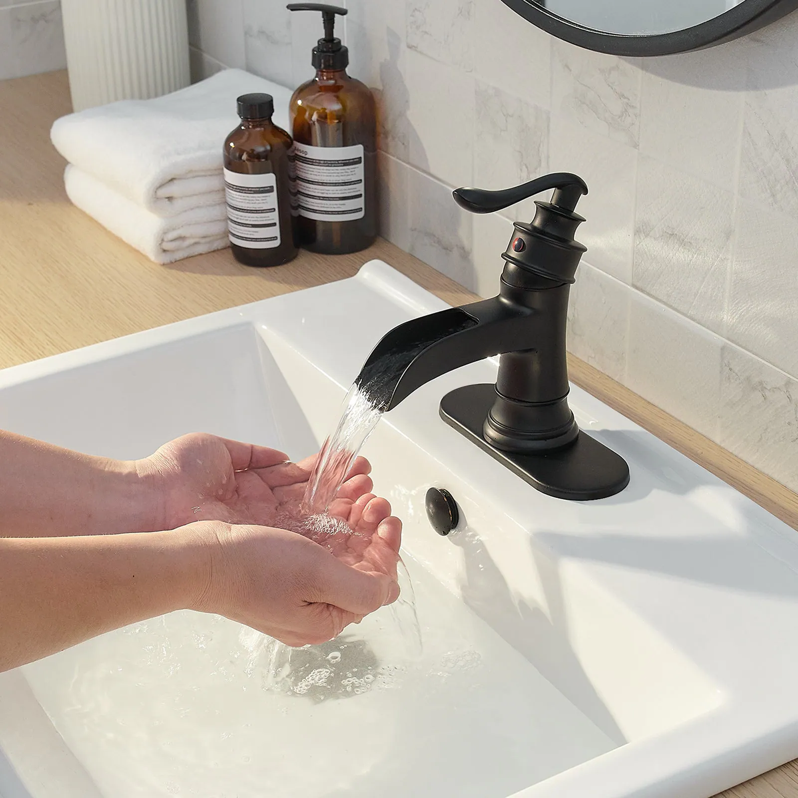 Alt View 1. Boyel Living - Waterfall Single Hole Single-Handle Low-Arc Bathroom Faucet With Pop-up Drain Assembly in Matte Black - Matte Black.