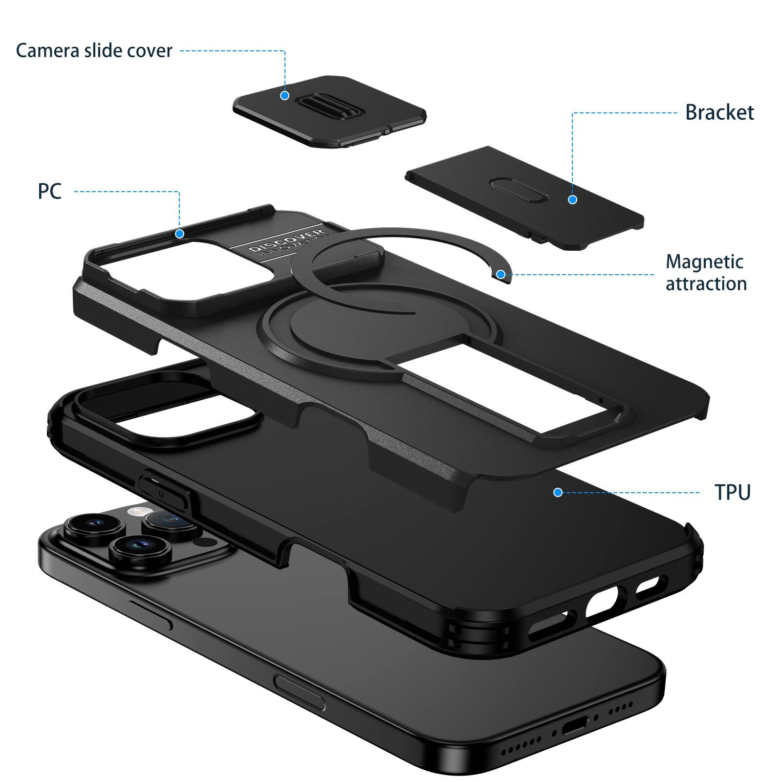 Camera slide cover  
Bracket  
PC  
DISCOVER IND HAPPY  
Magnetic attraction  
TPU